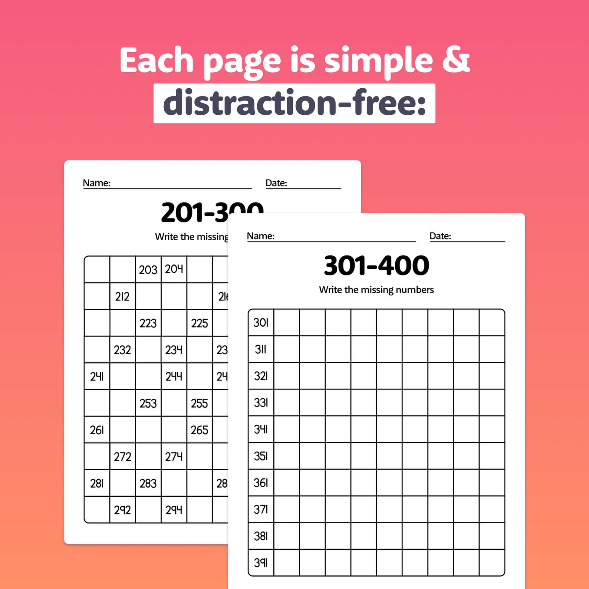 Two number fill-in worksheets labeled 201-300 and 301-400.