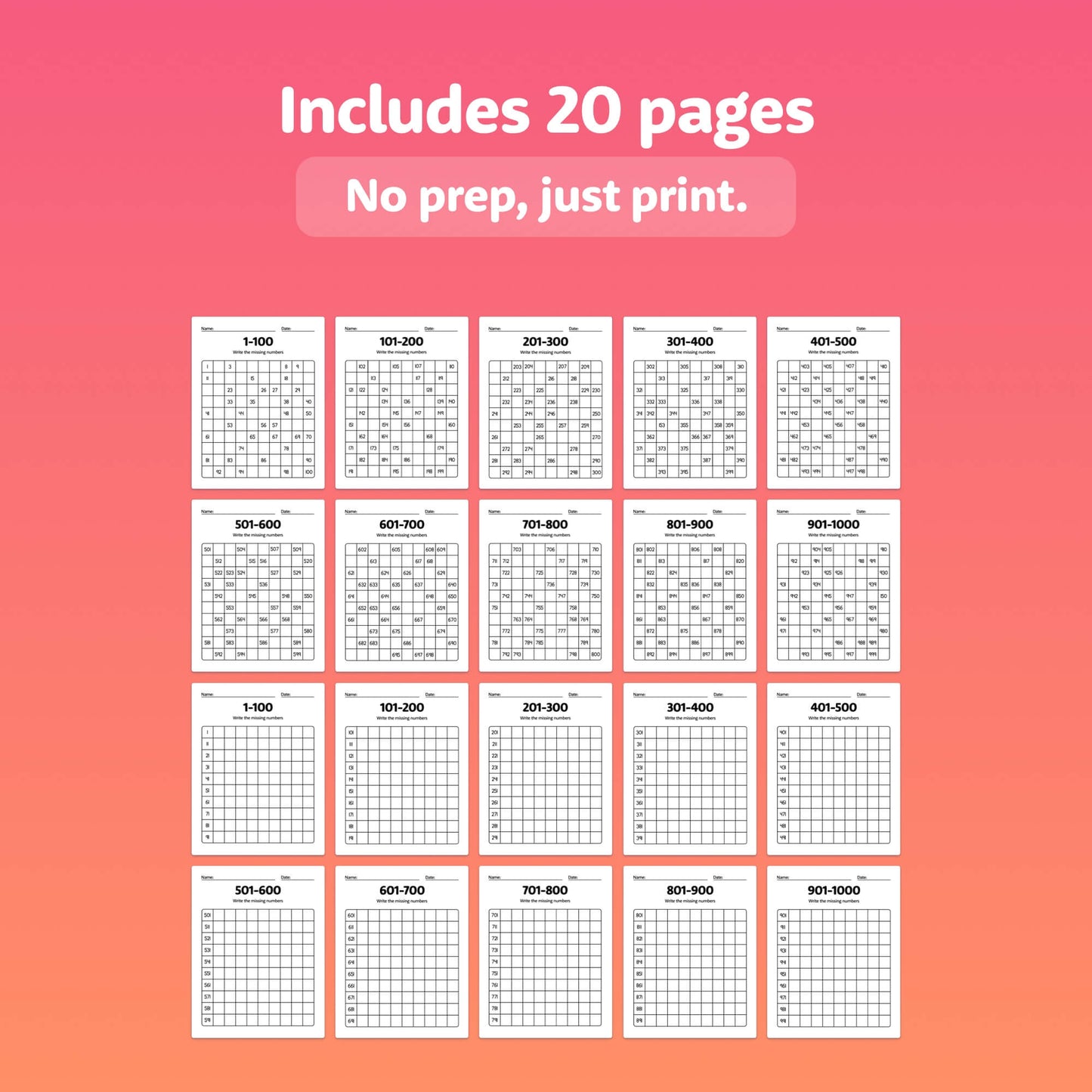 Grids numbered from 1 to 1000 spread across 20 pages.