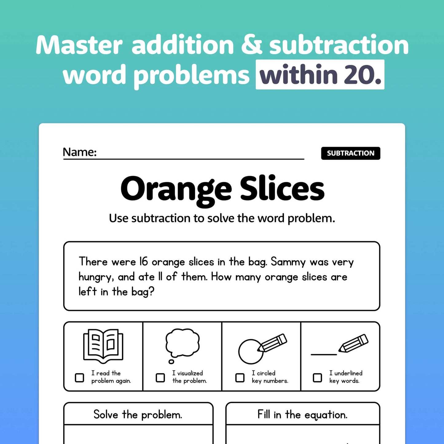 subtraction word problems within 20 printable