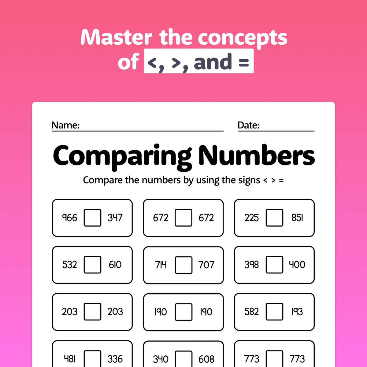 Comparing Numners Ordering 3 Digit Numbers Number Worksheets Comparing Numbers