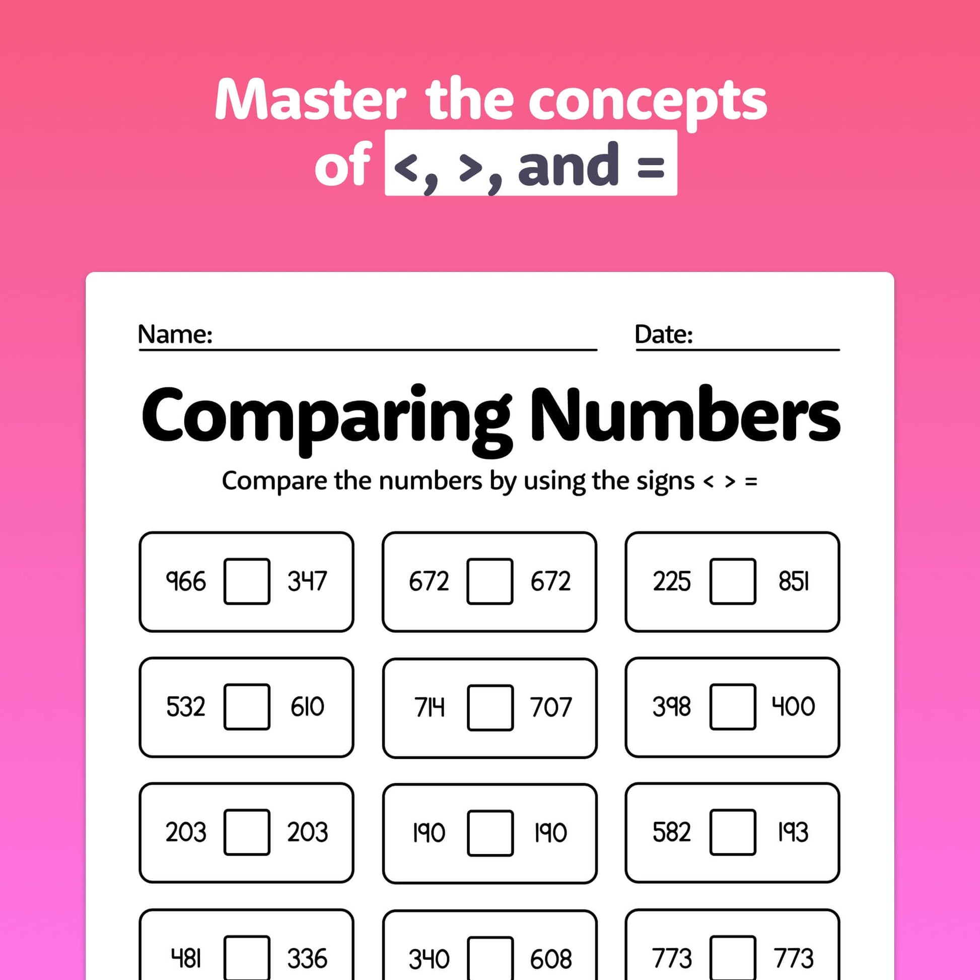 Greater than, Less than, and Equal to worksheets