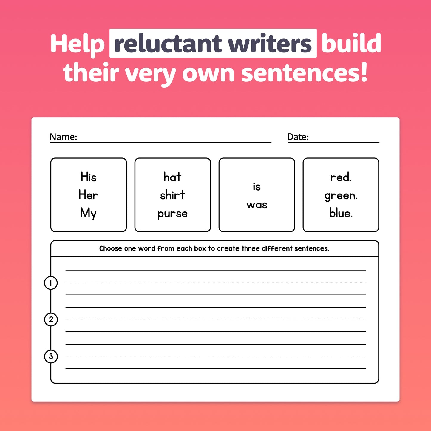 Worksheets with word boxes and space for building sentences.