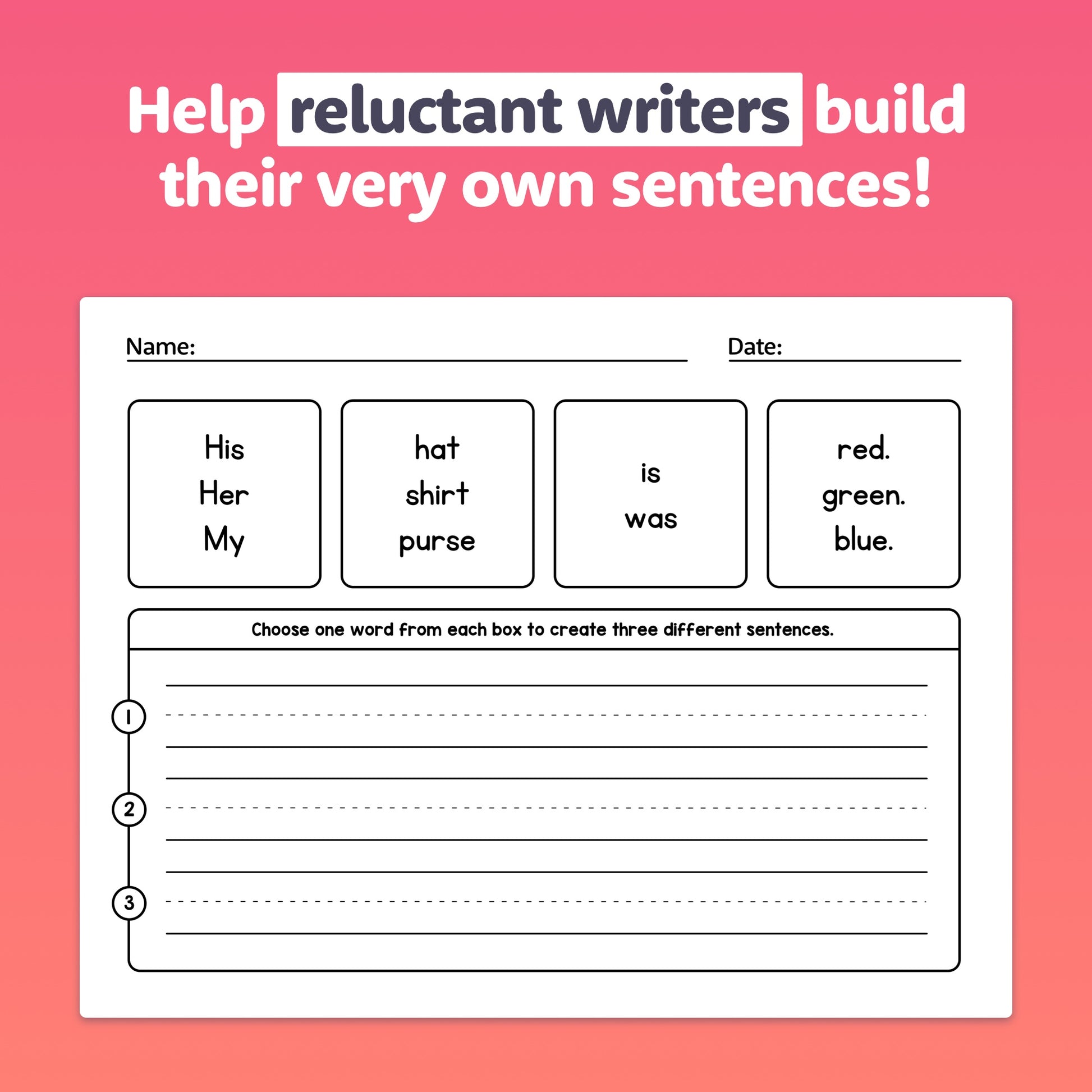 Worksheets with word boxes and space for building sentences.