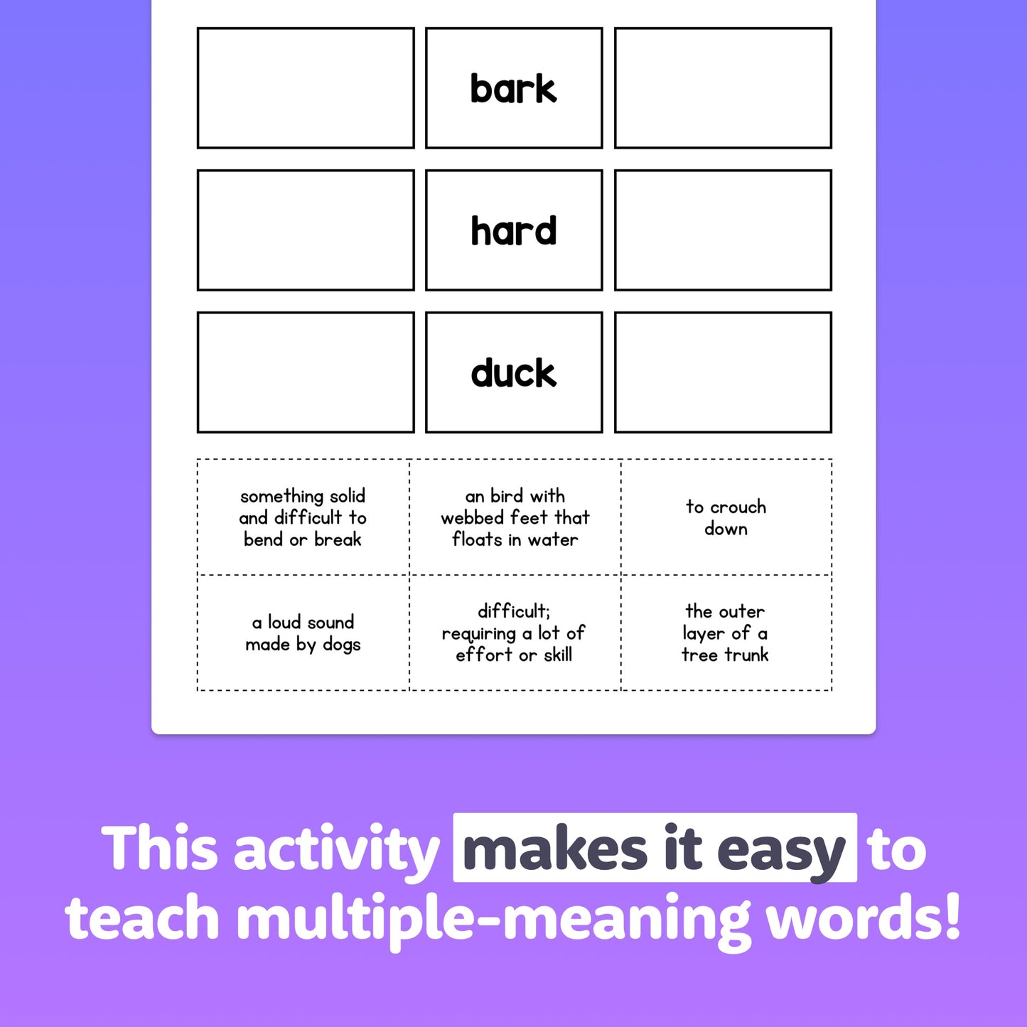 Worksheet titled "Multiple Meanings Worksheets" with word-matching activities and a caption.