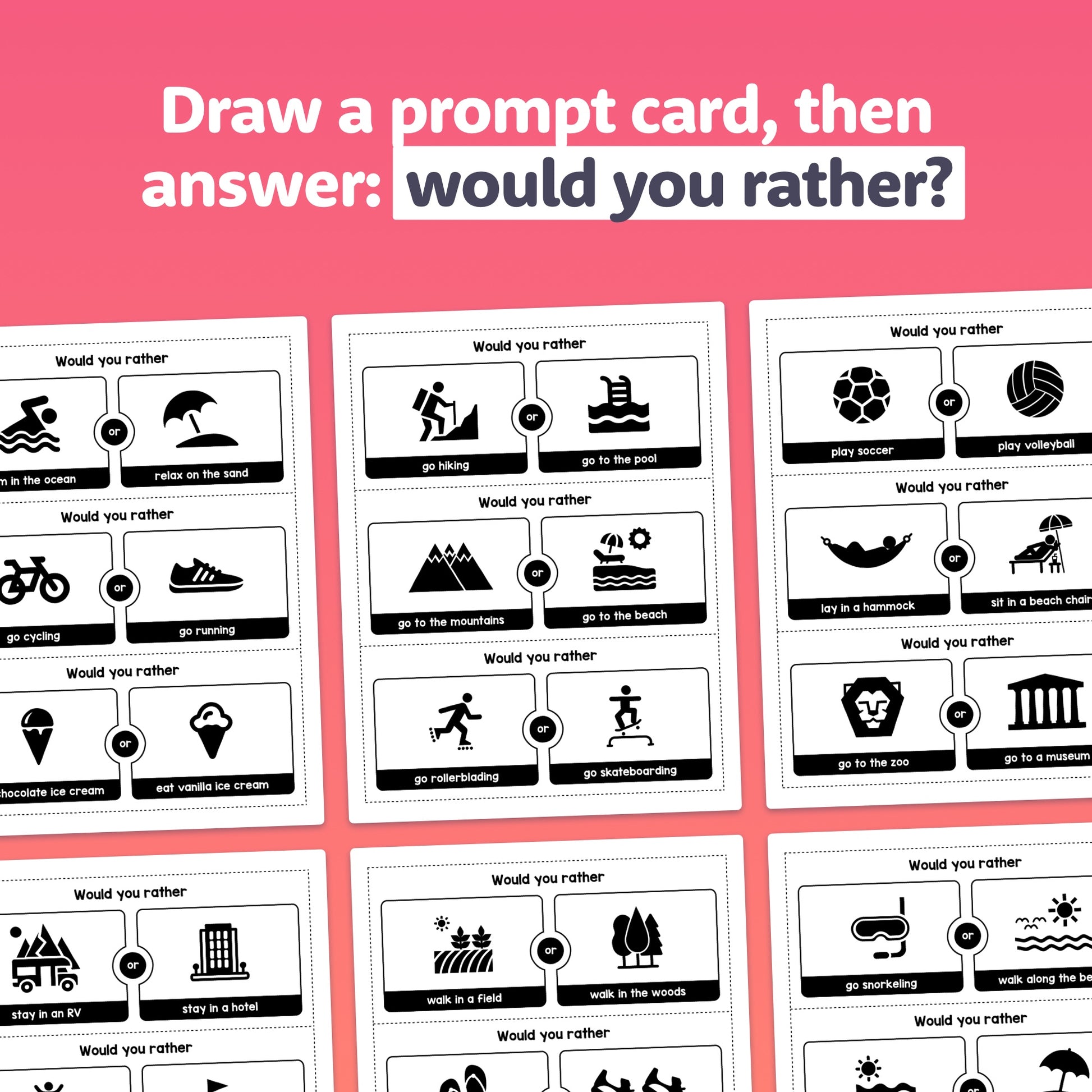 Would You Rather Writing Prompts cards for summer activities.