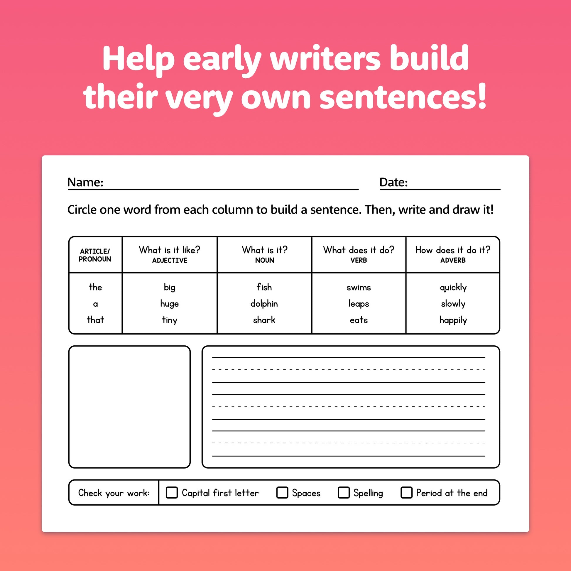 Summer worksheets for early writers to create and write their own sentences.