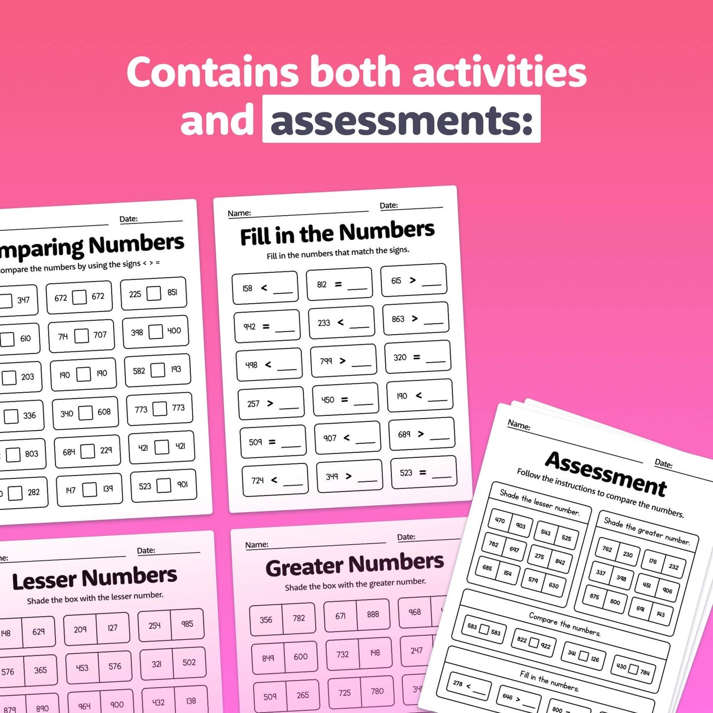 Compare 3 digit numbers activities and assessments