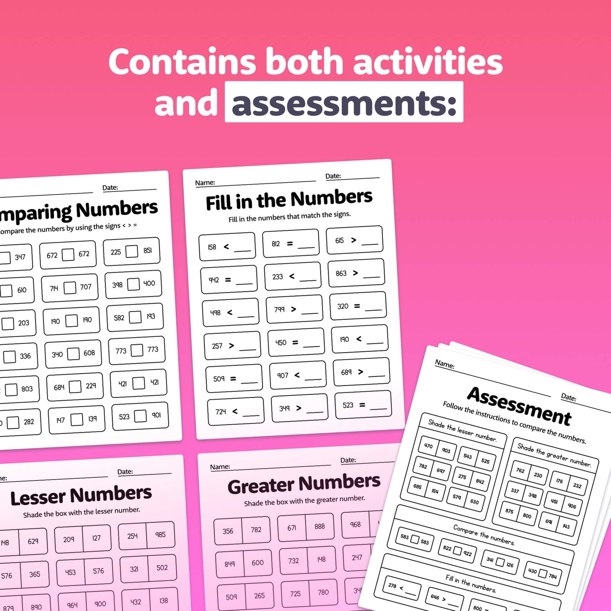 Compare 3 digit numbers activities and assessments