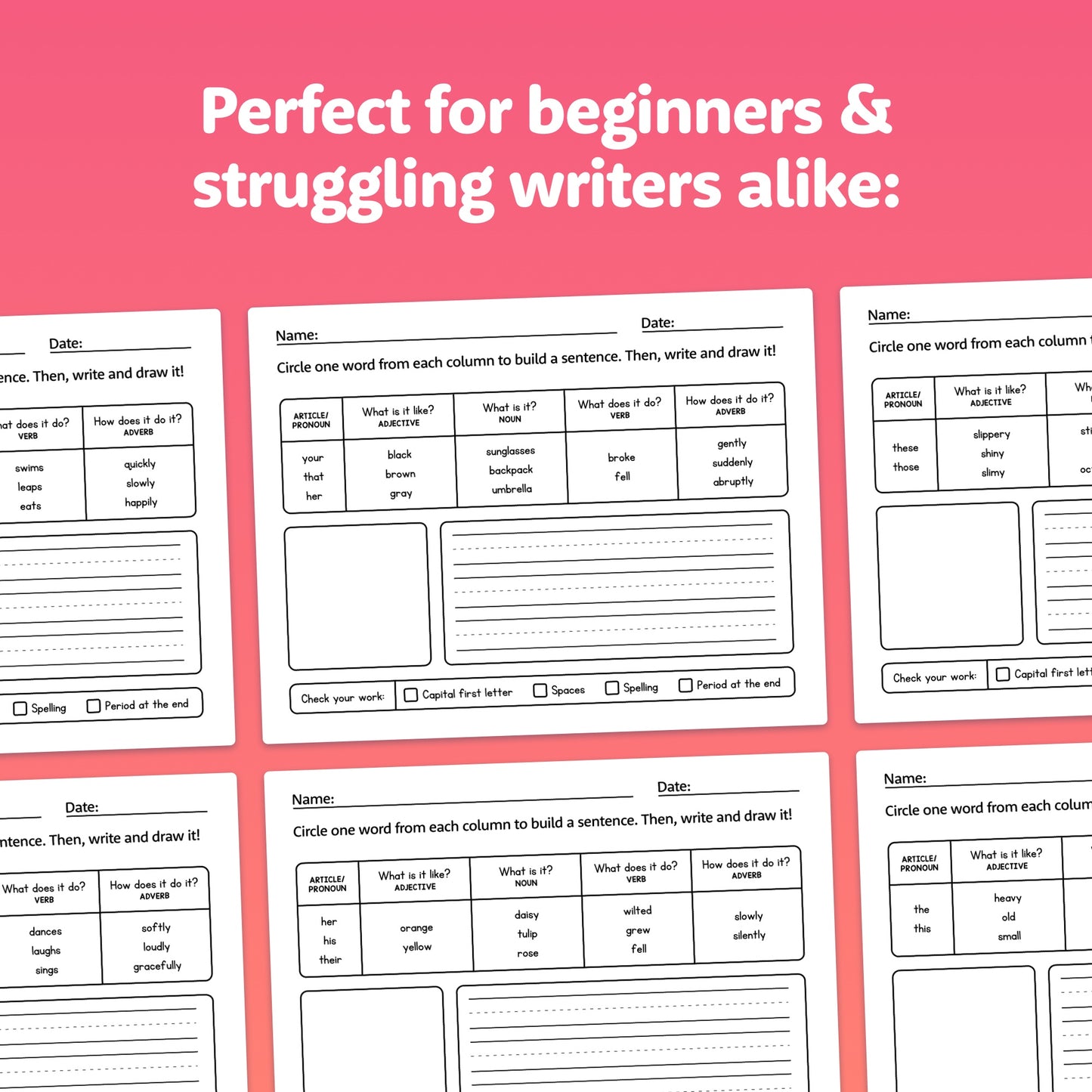 Printable PDF worksheets for building sentences, suitable for beginners and struggling writers.