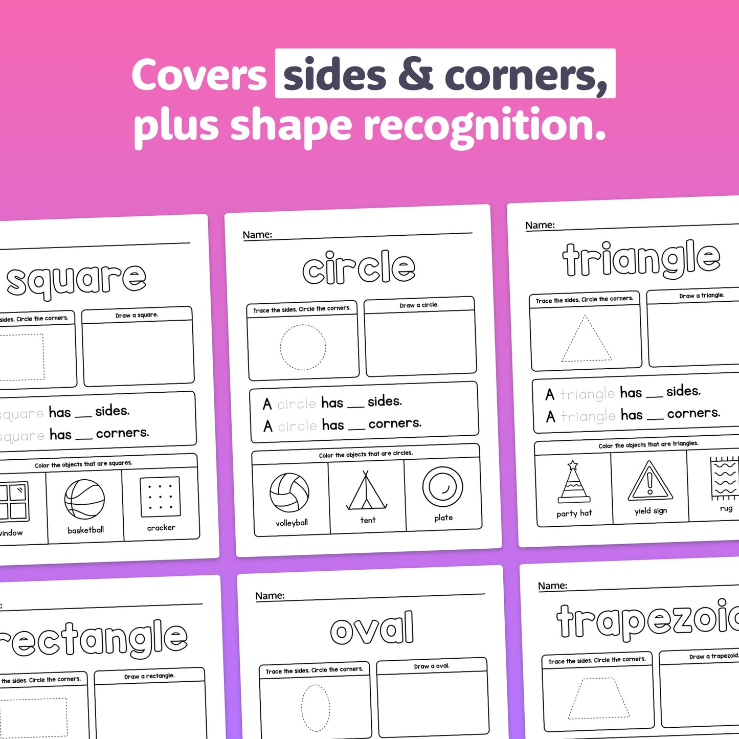 sides, corners, and 2d shape recognition worksheets