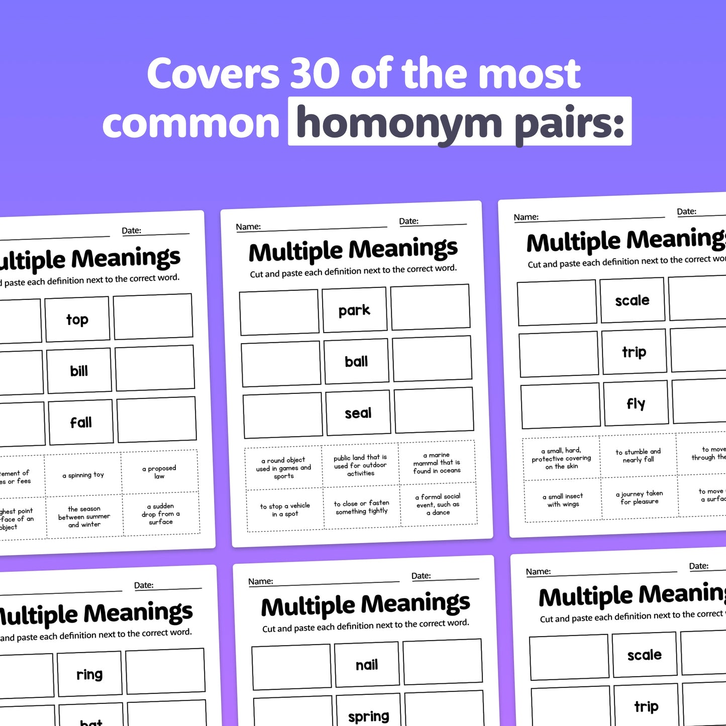 Multiple Meanings Worksheets with homonym pairs, words, and cut-and-paste definitions.