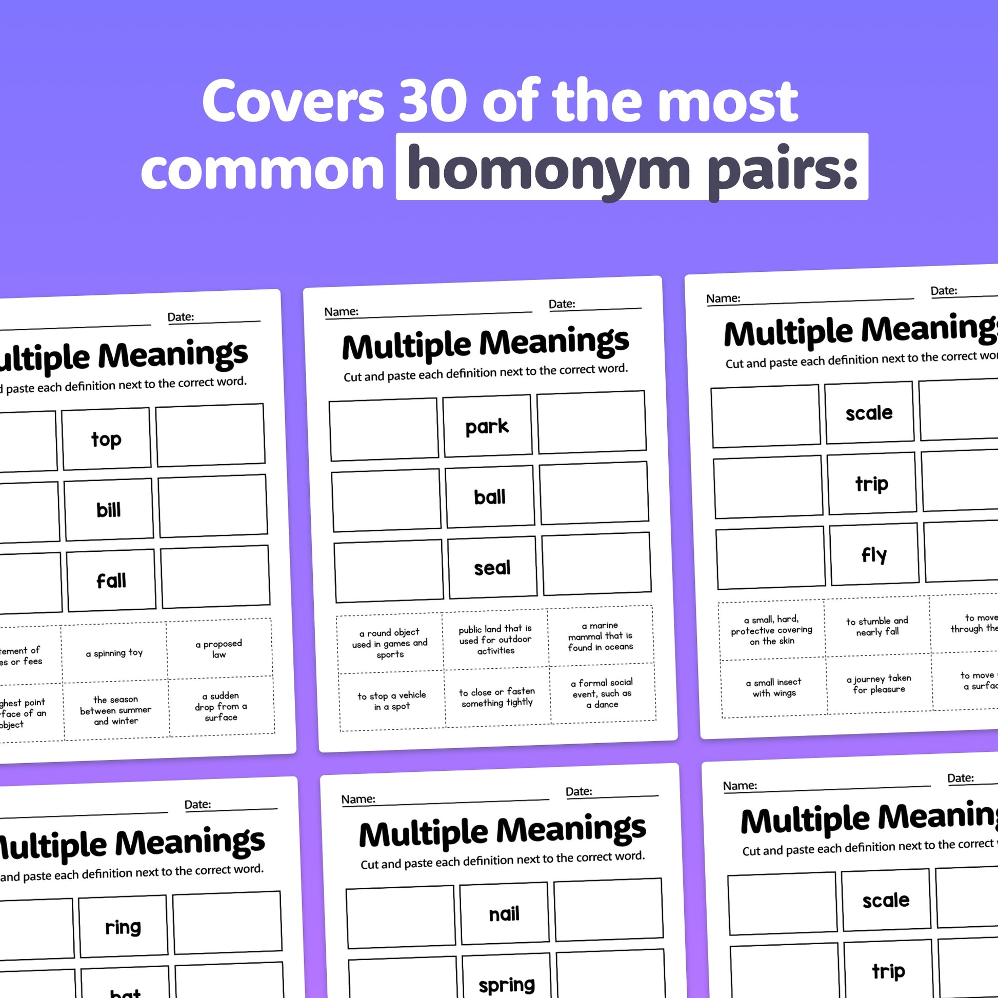 Multiple Meanings Worksheets with homonym pairs, words, and cut-and-paste definitions.