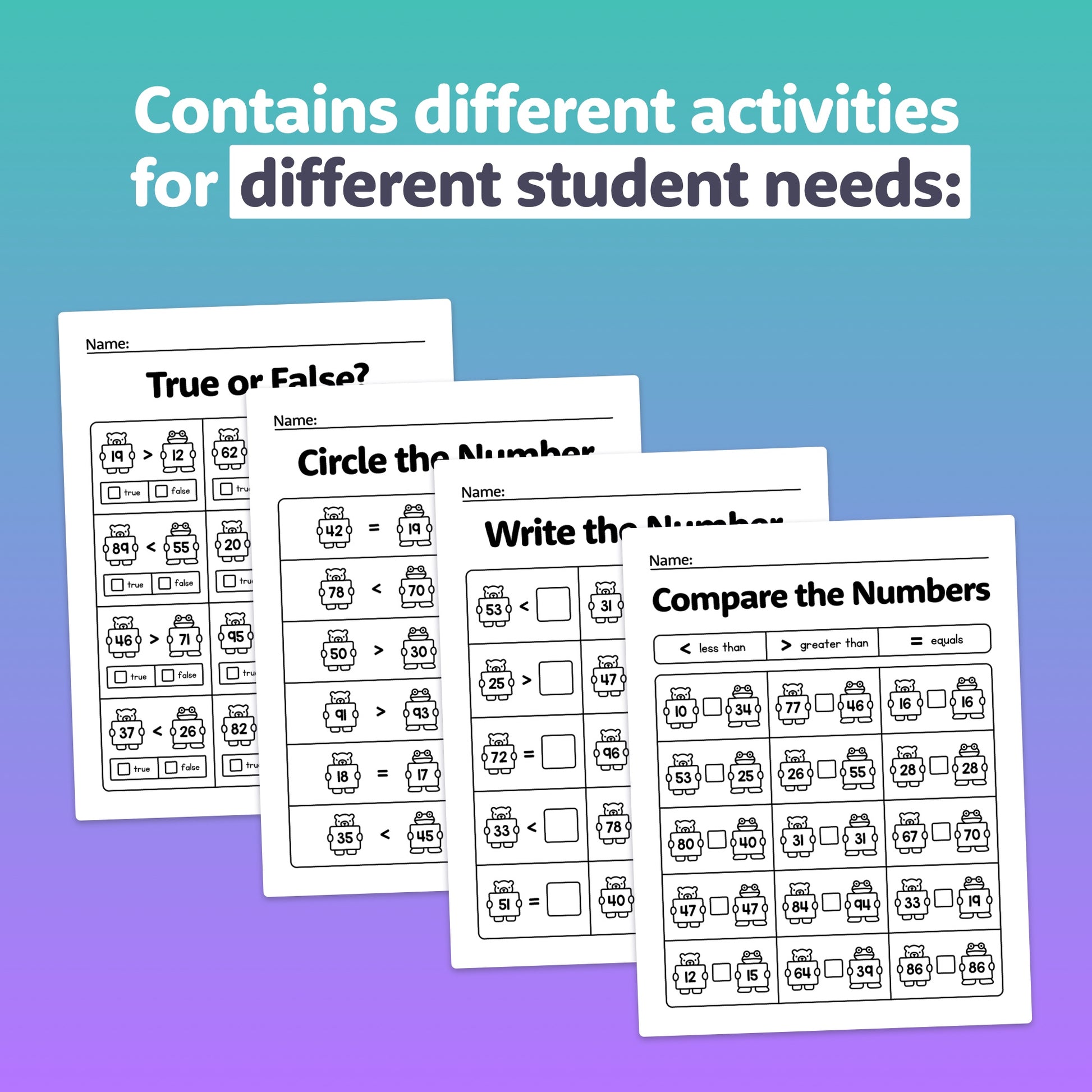 Differentiated comparing 2 digit number activities