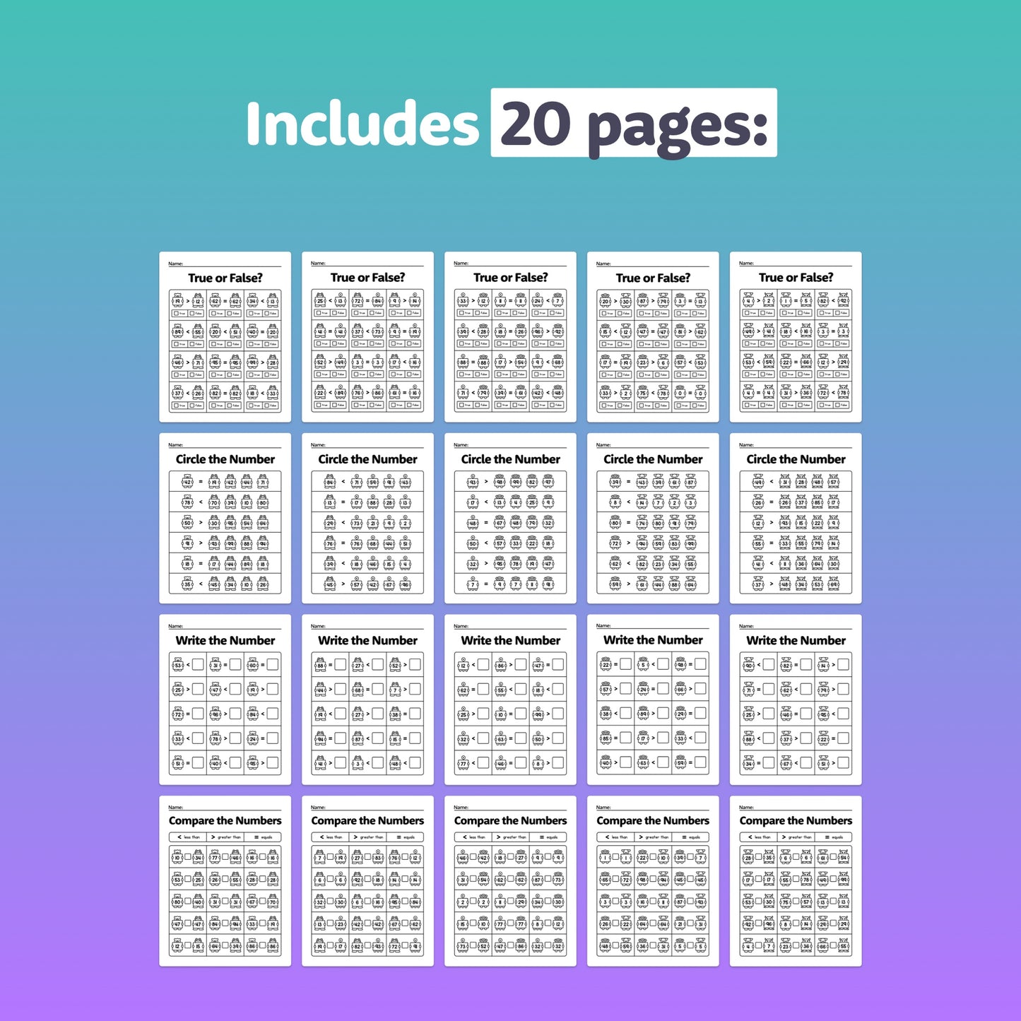 Printable 2-digit number comparison worksheets