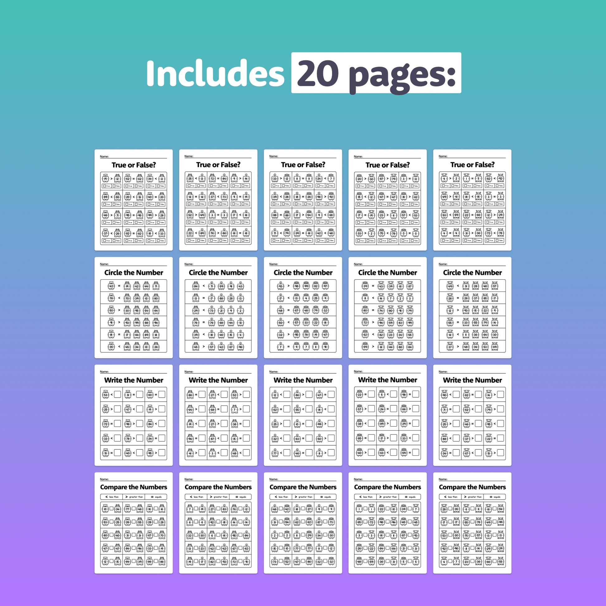 Printable 2-digit number comparison worksheets