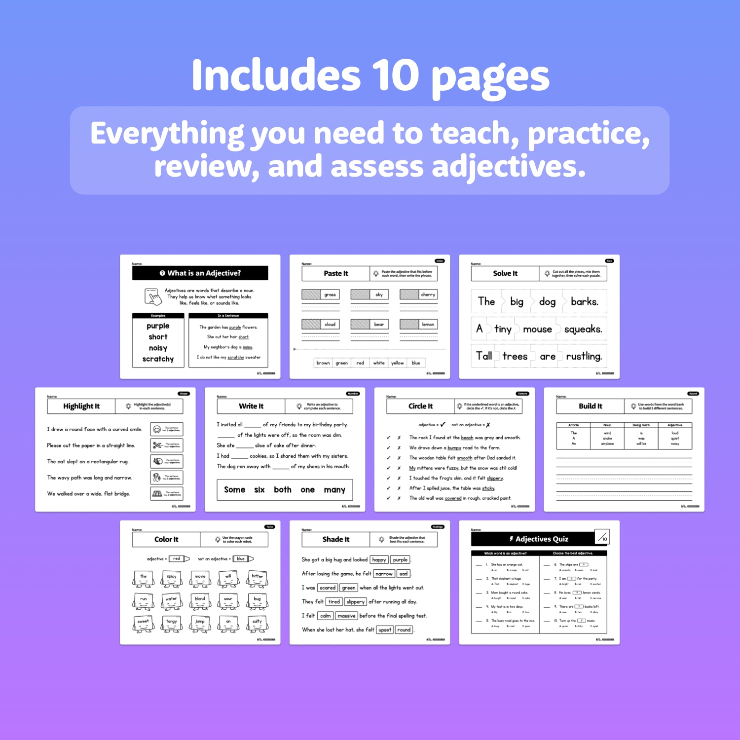Preview shows 10 worksheet pages with different adjective activities.