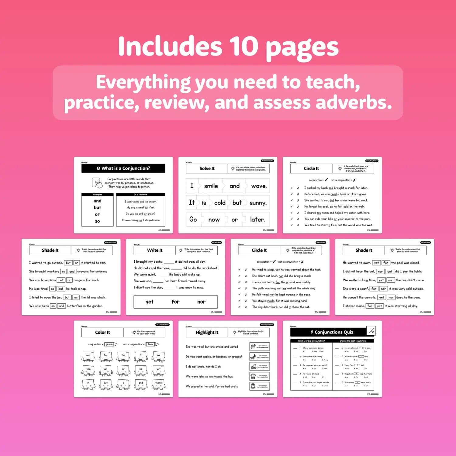 Ten printable conjunctions worksheets for teaching, practice, and assessment.