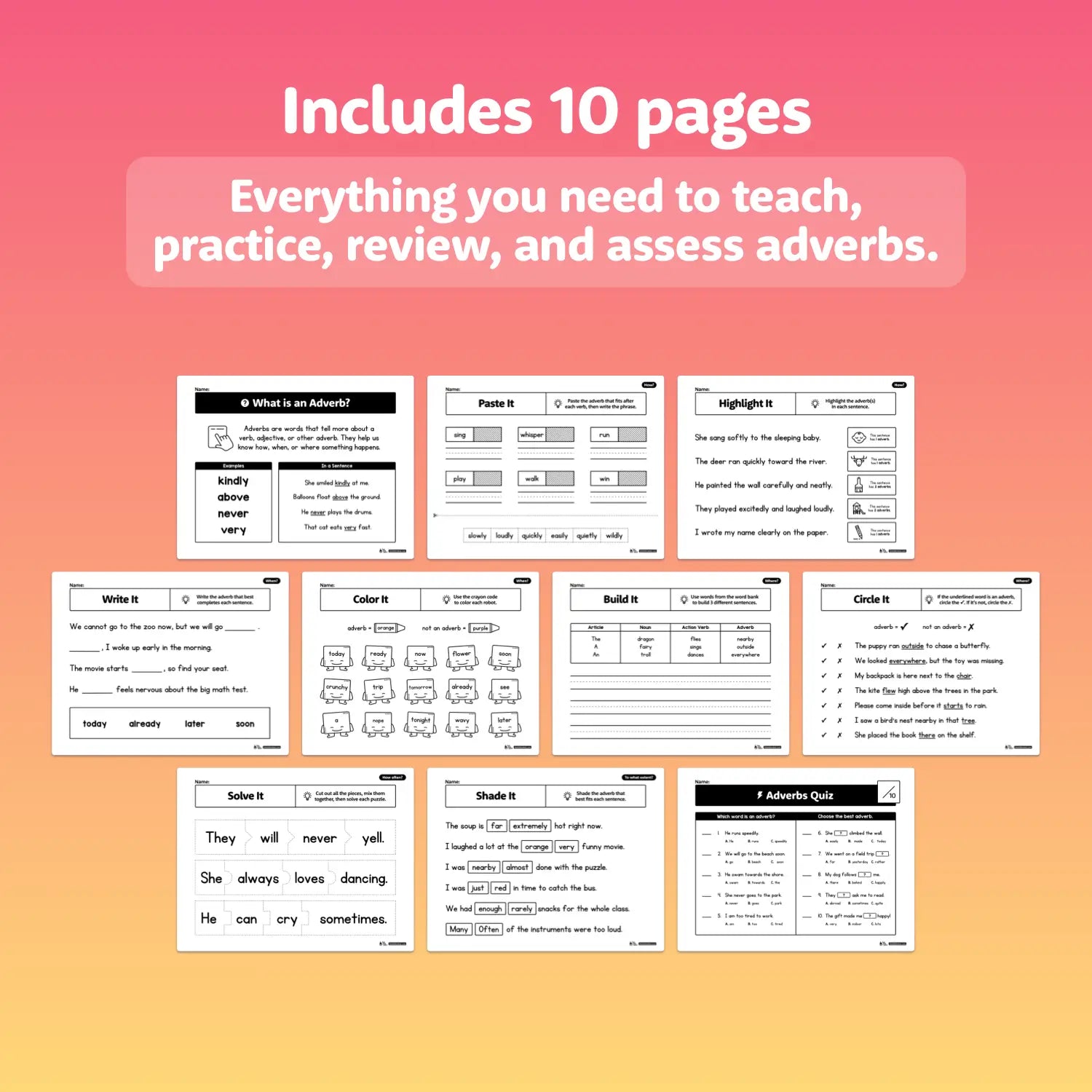 Preview of 10 worksheets focused on identifying and using adverbs.
