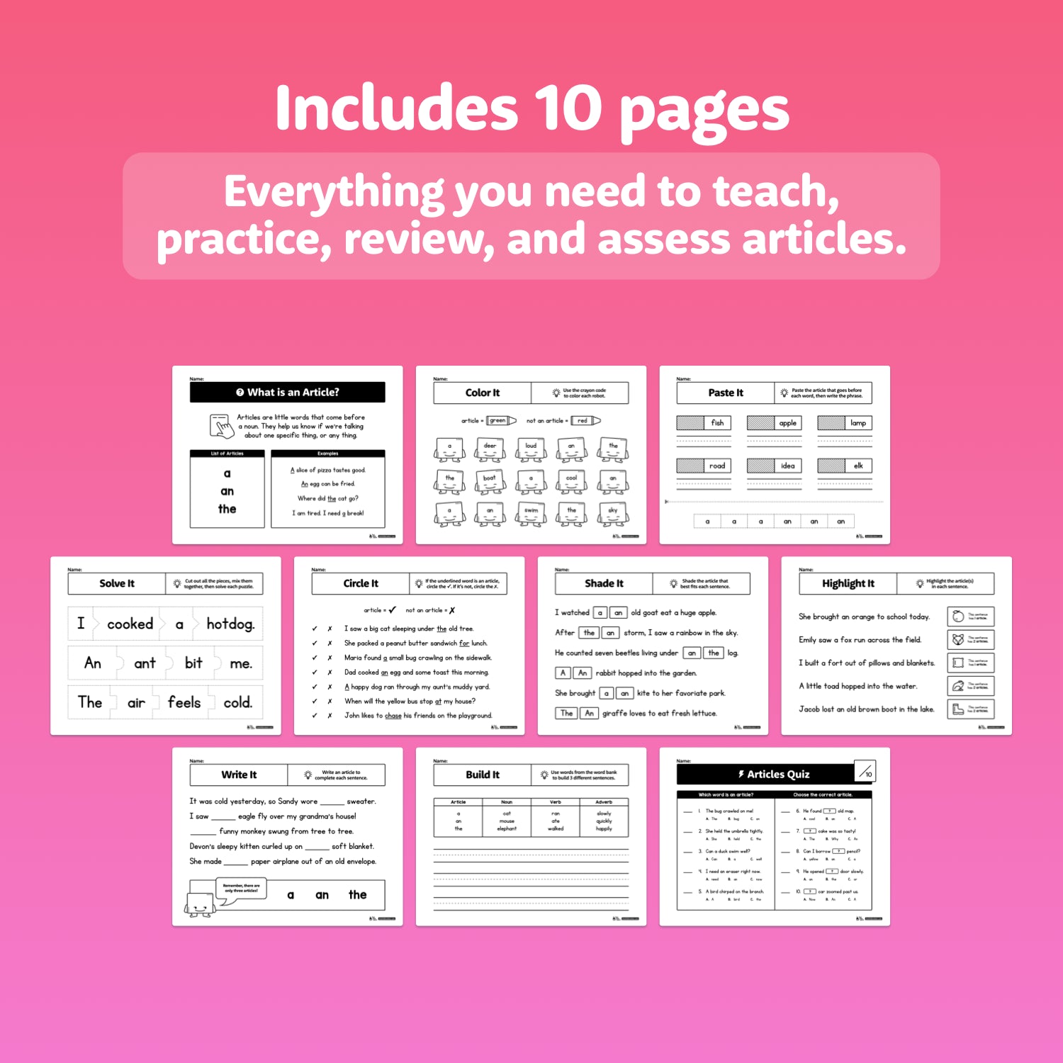 Educational worksheets on a pink background with text about including 10 pages for teaching articles.