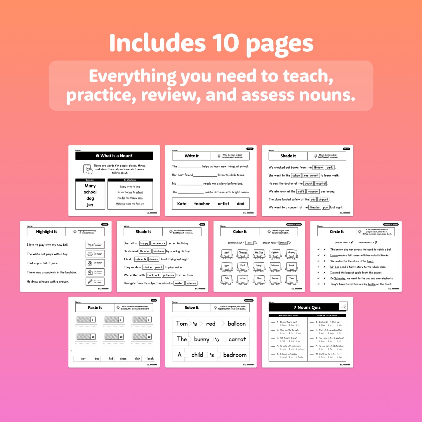 Educational worksheets on a pink gradient background with text about teaching nouns.