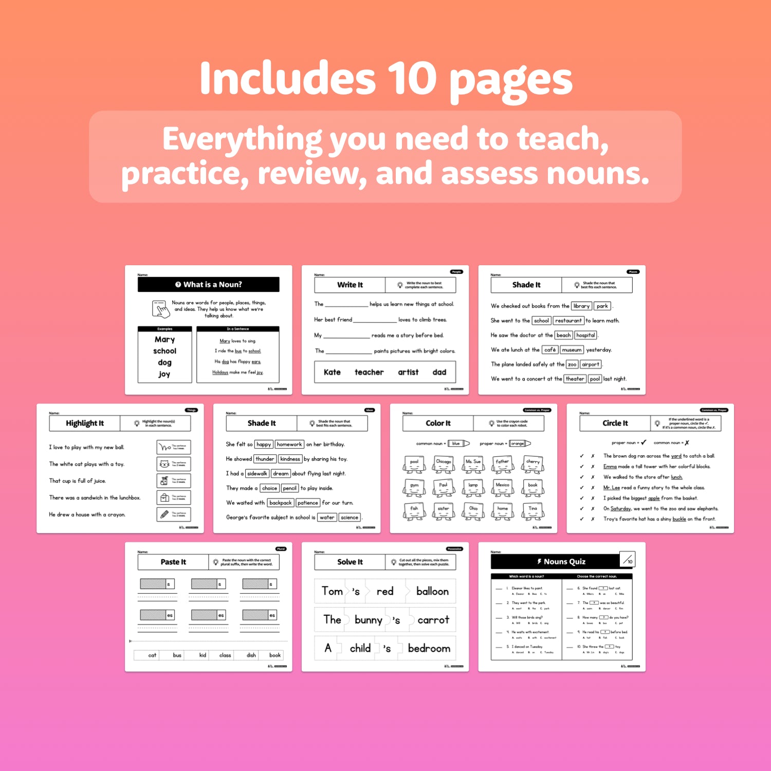 Educational worksheets on a pink gradient background with text about teaching nouns.