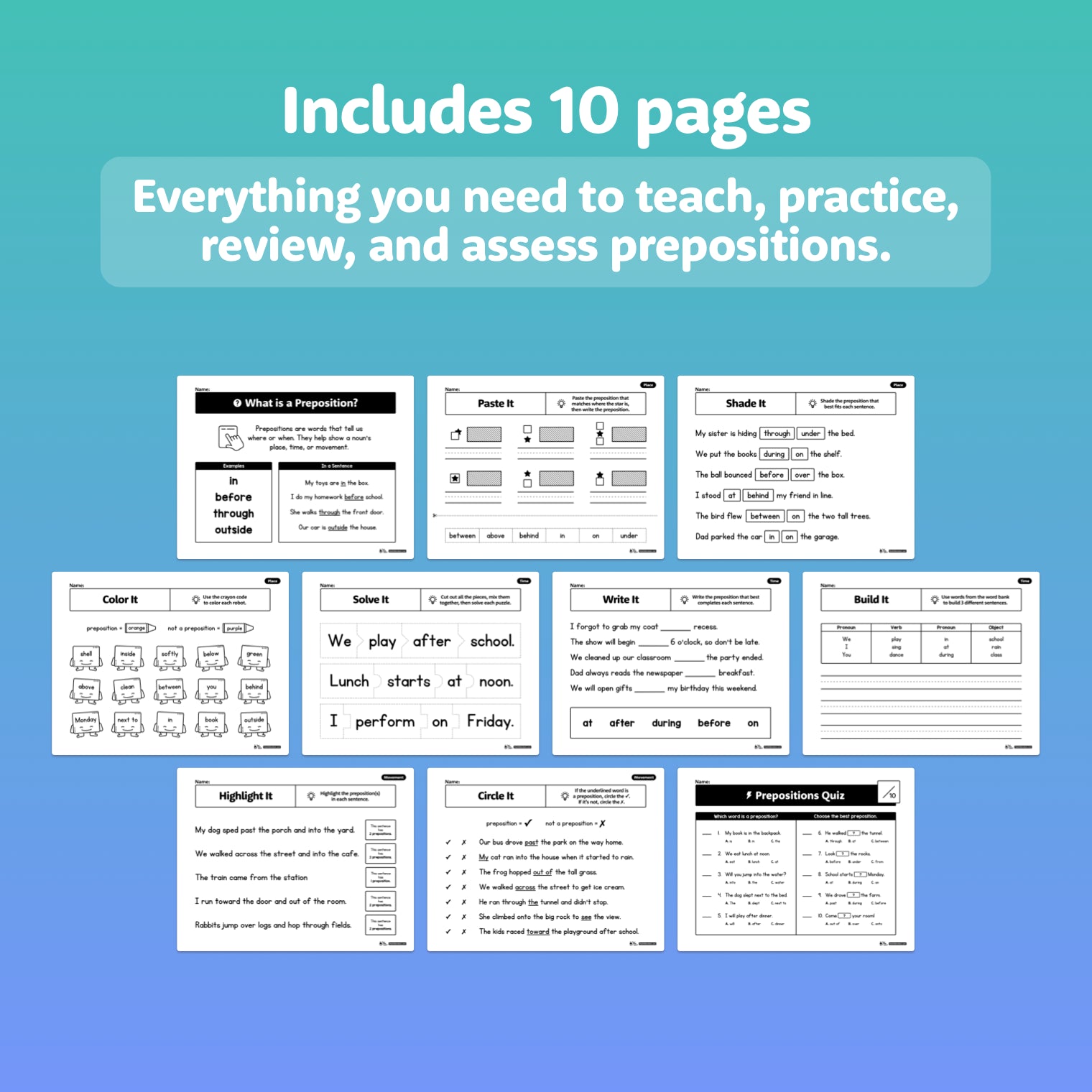 Ten worksheet pages displaying exercises about prepositions are shown.