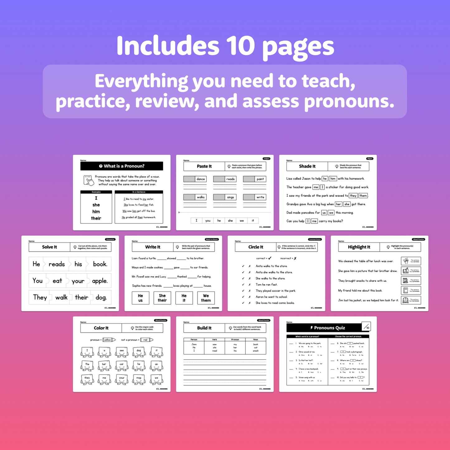 Educational worksheets on a gradient purple and pink background with text about pronouns.