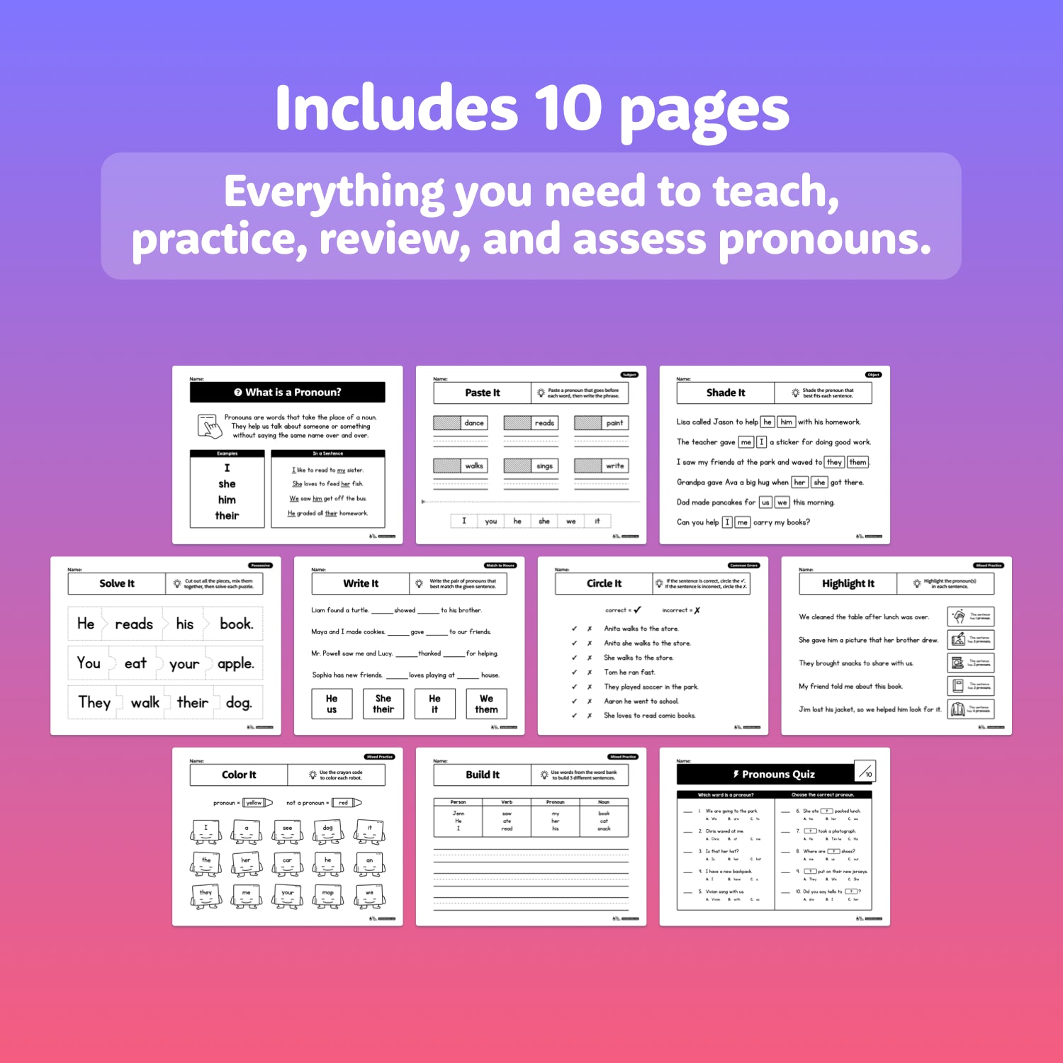 Educational worksheets on a gradient purple and pink background with text about pronouns.
