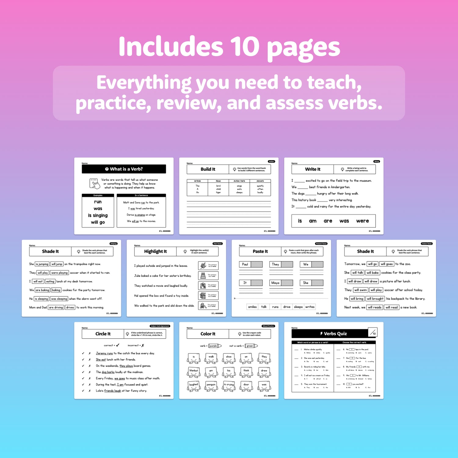 Educational worksheets on a gradient background with text about verb teaching resources.