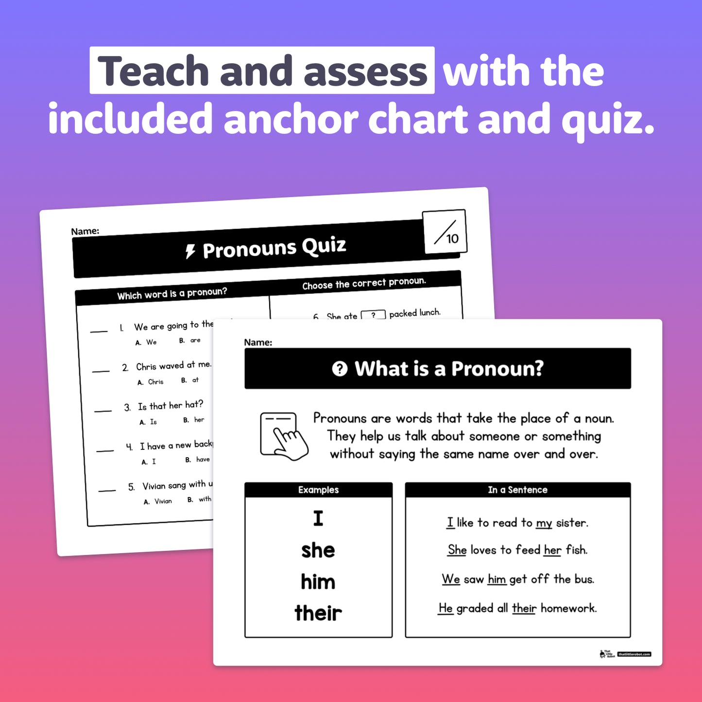 Pronouns Quiz and anchor chart on a gradient purple and pink background