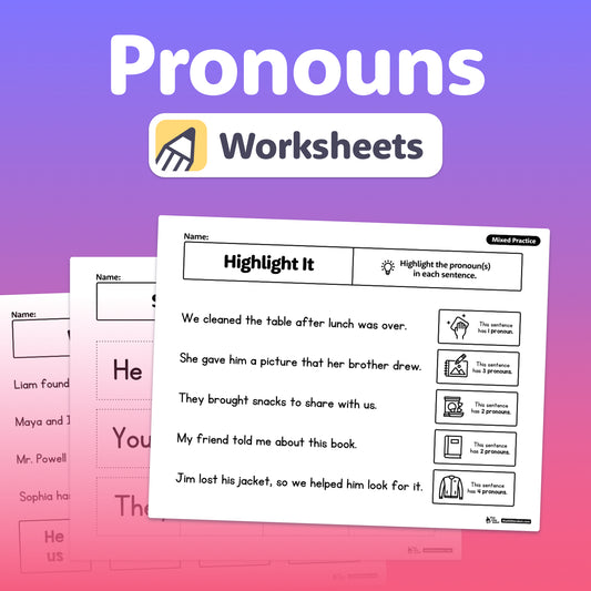 Pronouns worksheets with a gradient background