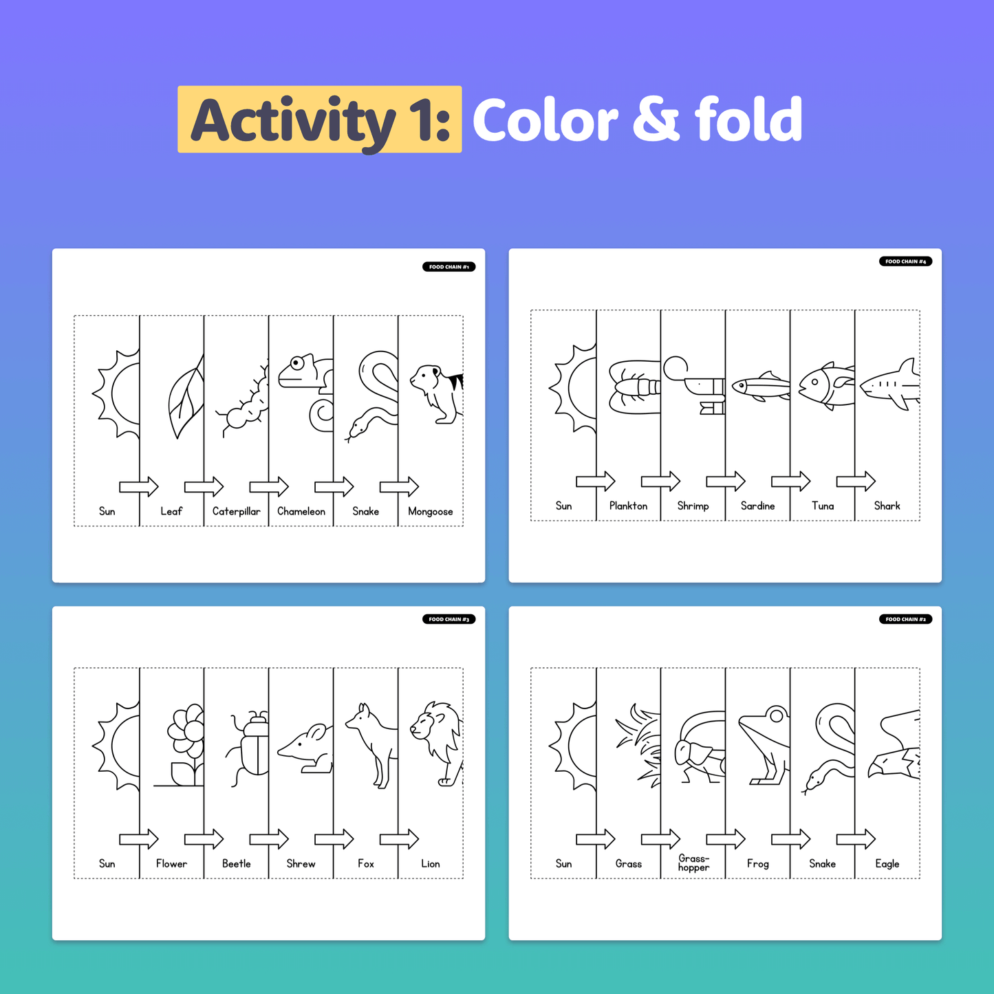 Foldable activity sheets with animals for coloring and folding.