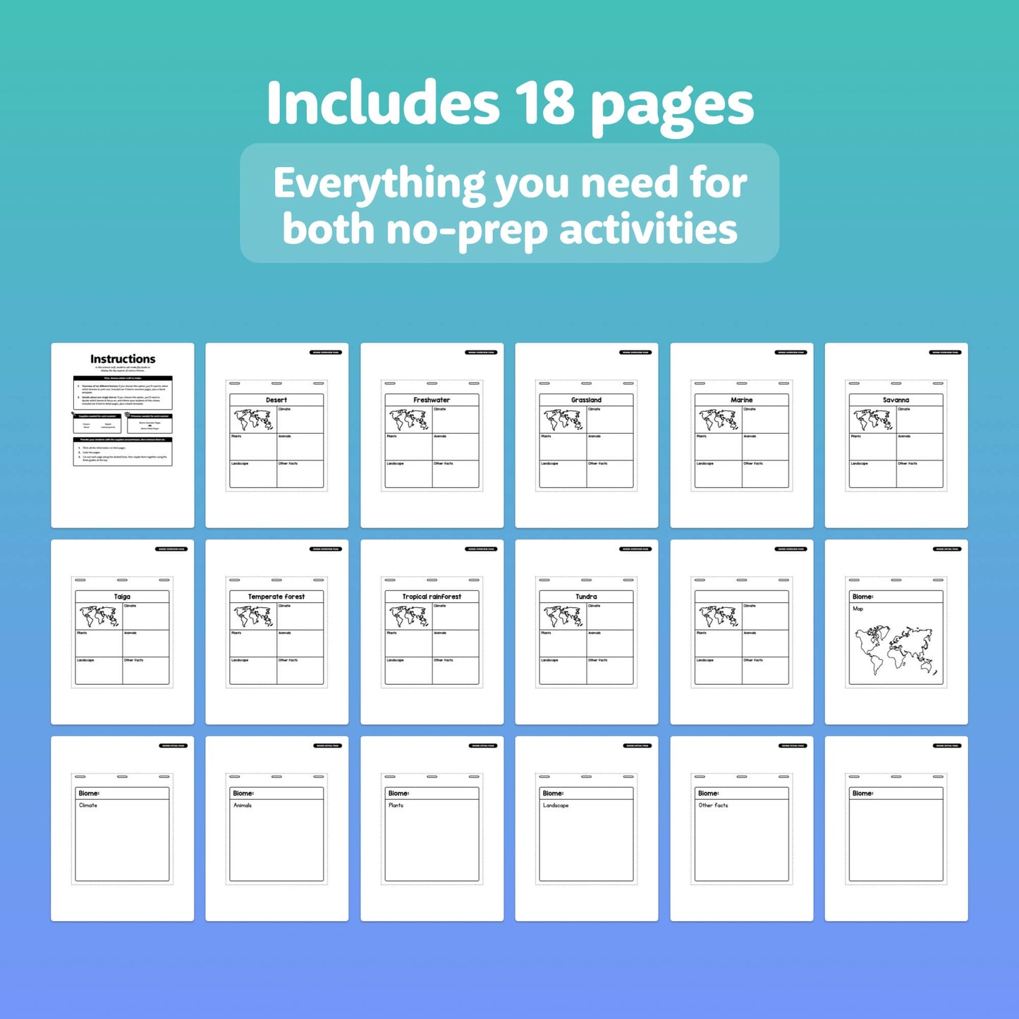 18-page PDF template for a Biome flip book activity.