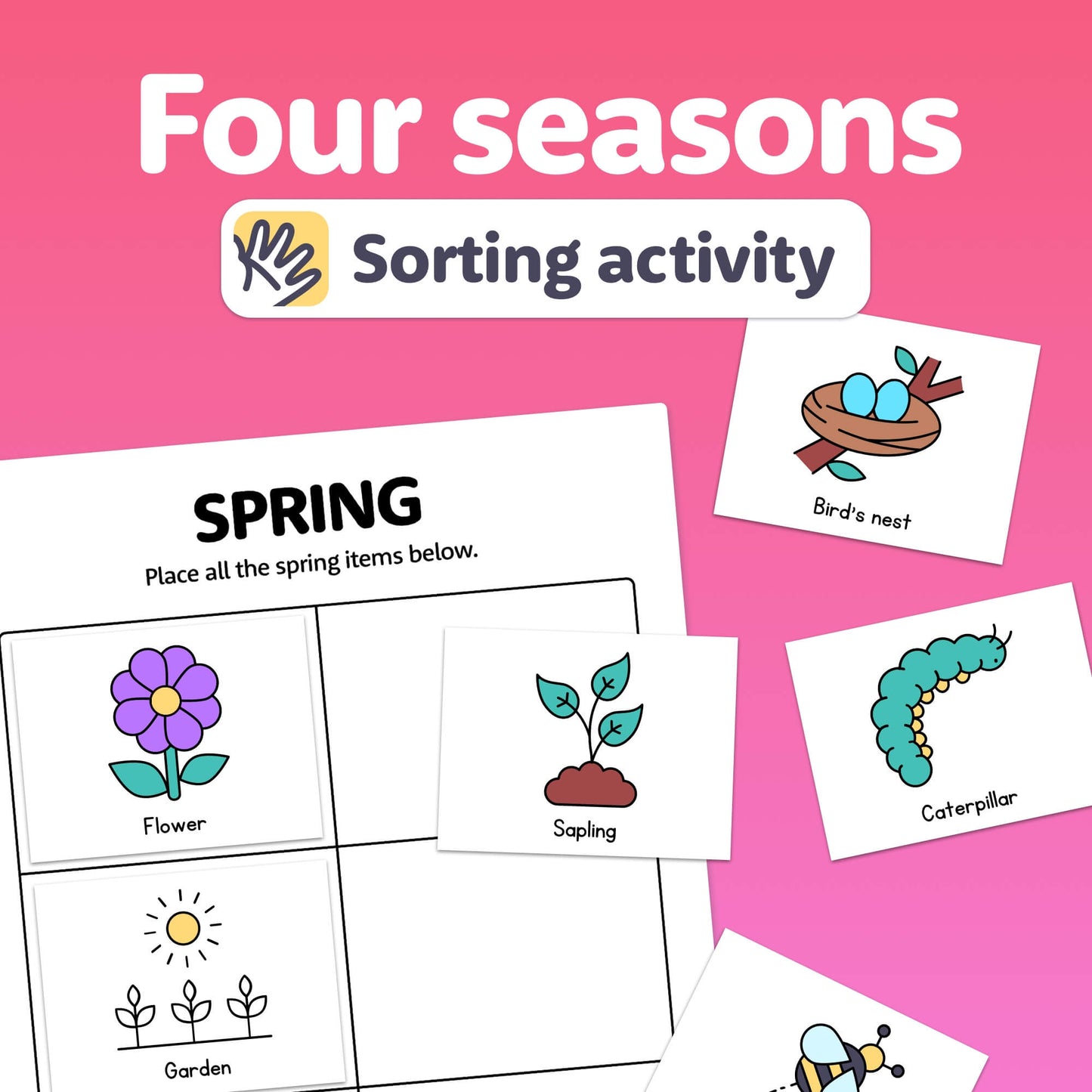 Spring images: flower, sapling, bird's nest, caterpillar.