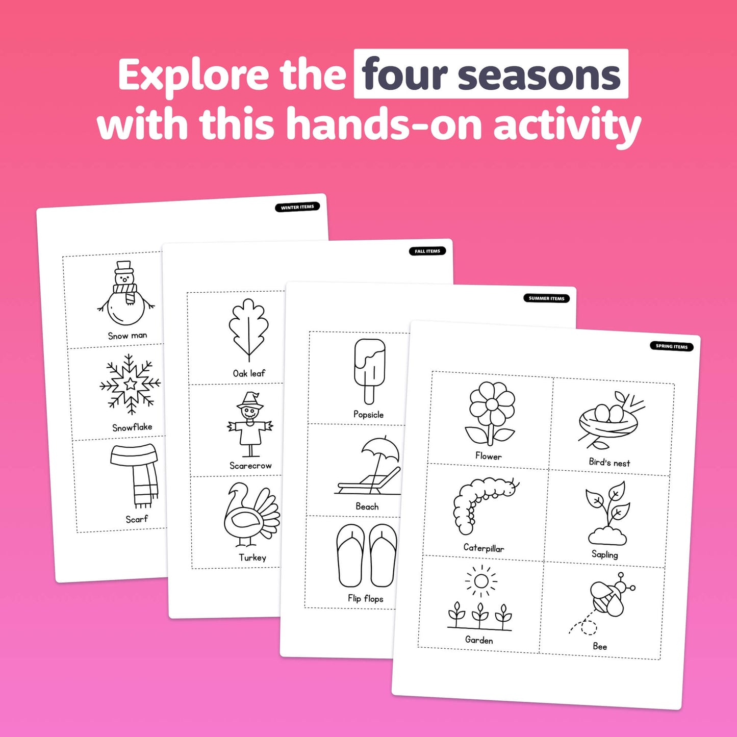 Activity sheets illustrating the four seasons with sorting activities.