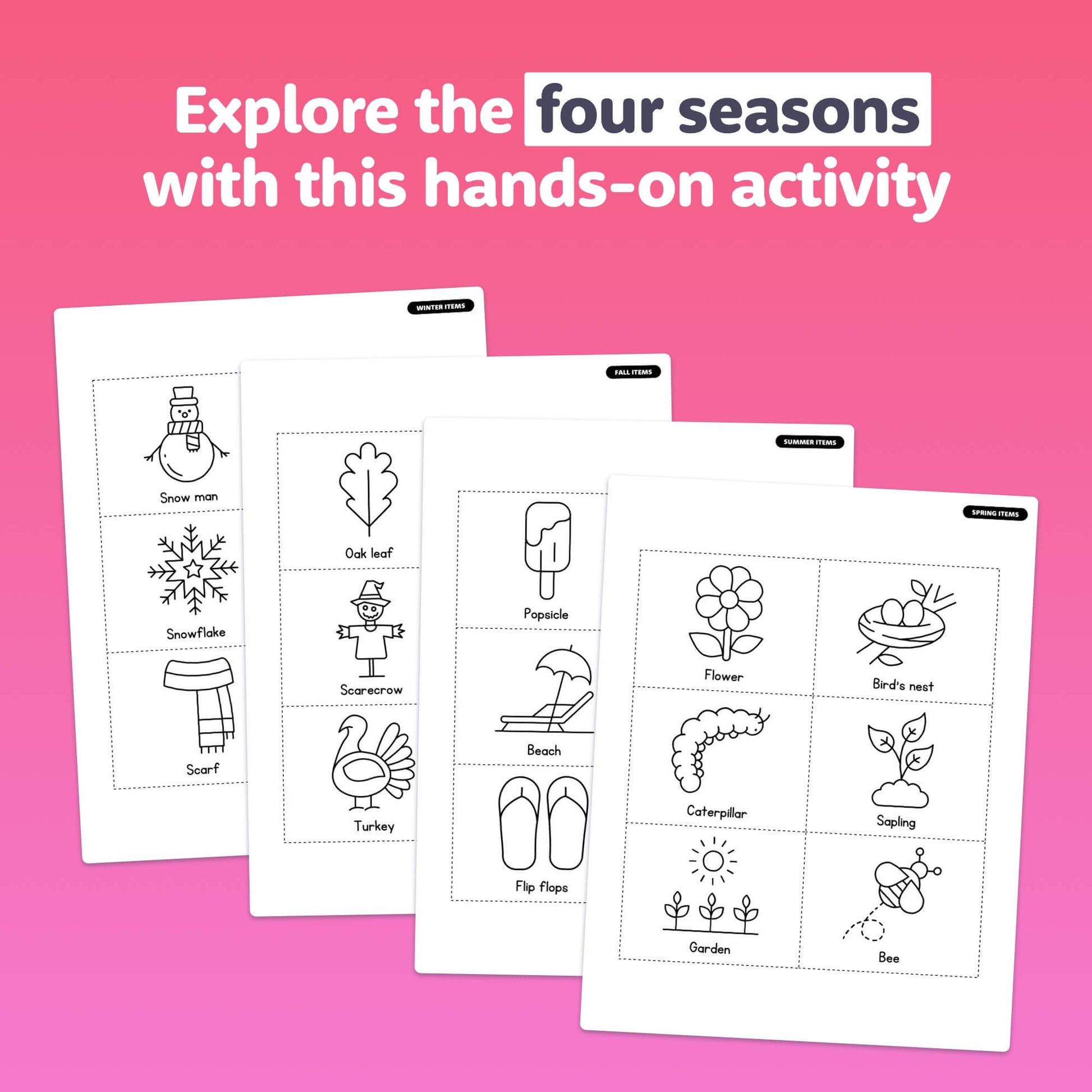 Activity sheets illustrating the four seasons with sorting activities.