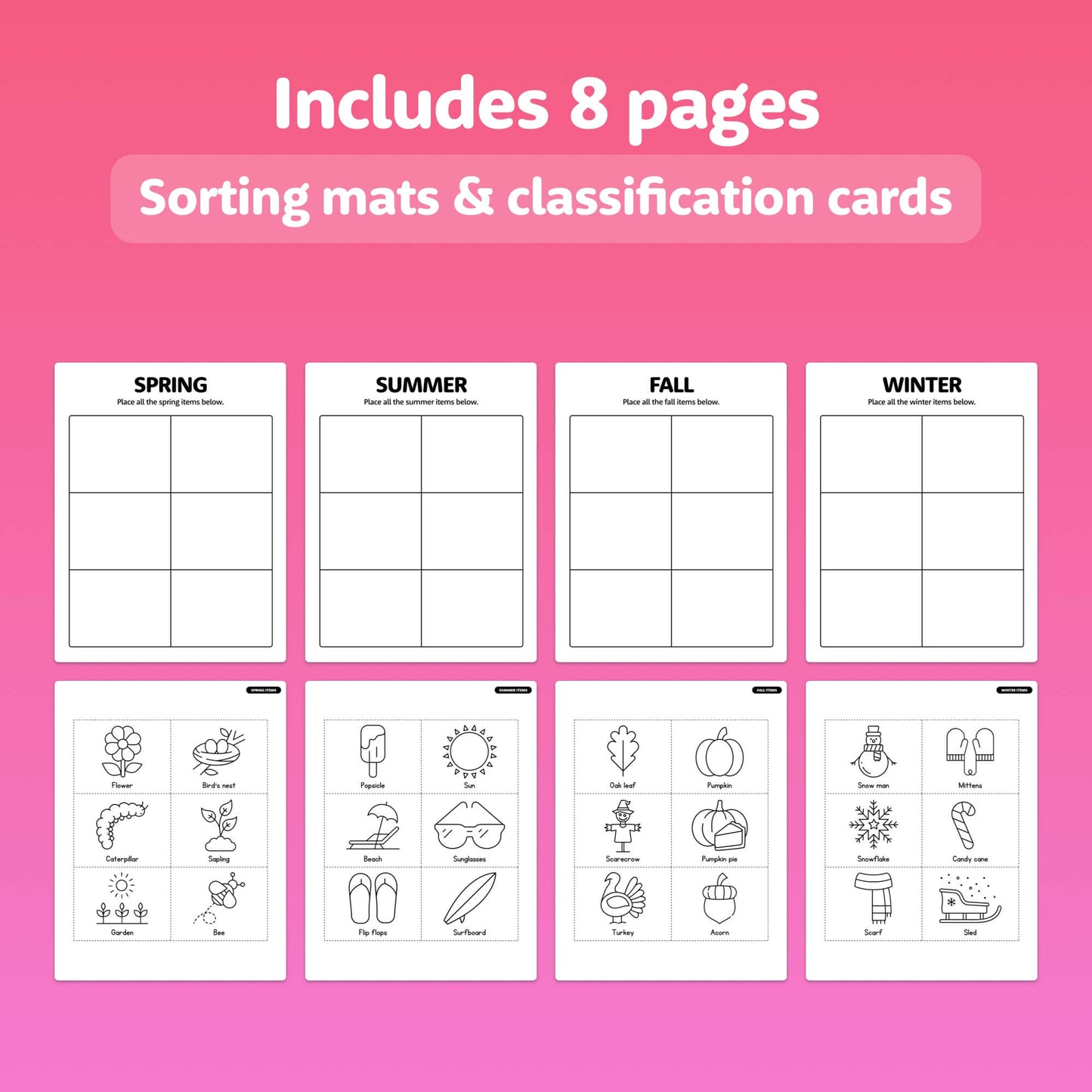Four Seasons Sorting Activity PDF file with worksheets and projects.