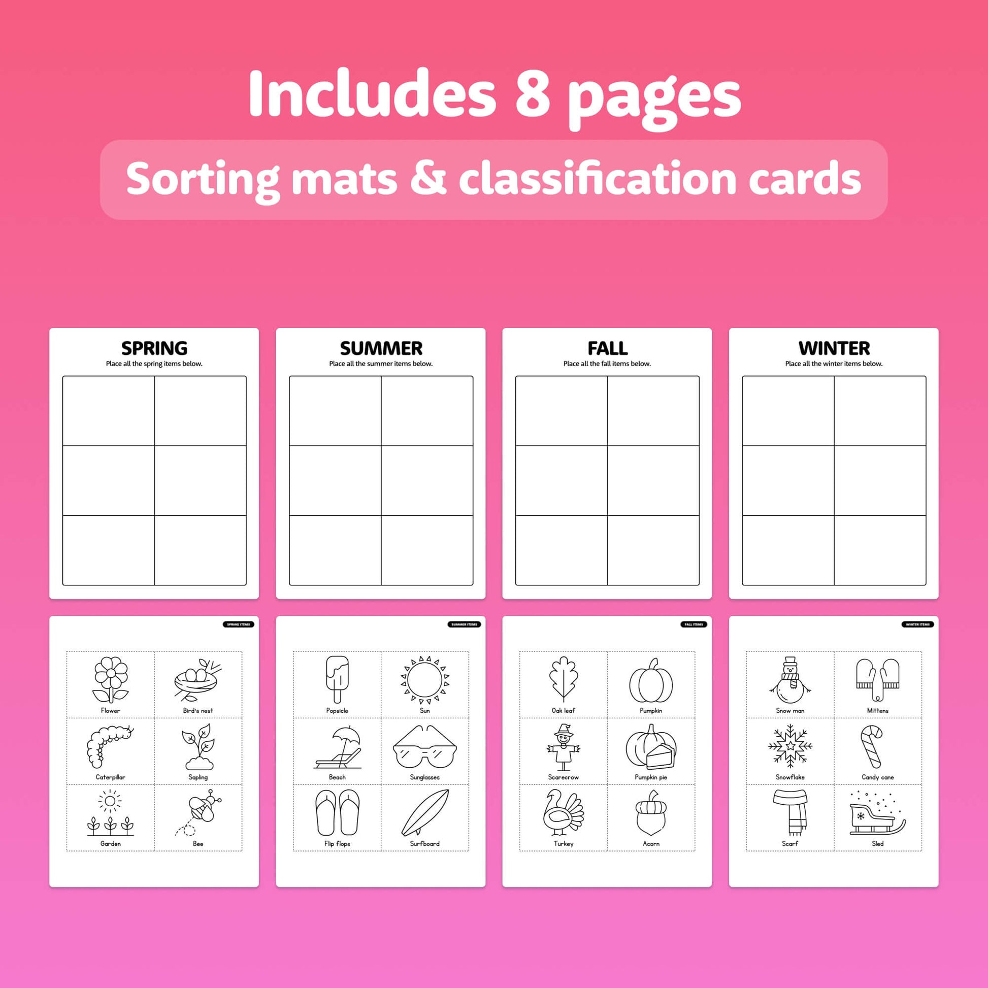 Four Seasons Sorting Activity PDF file with worksheets and projects.