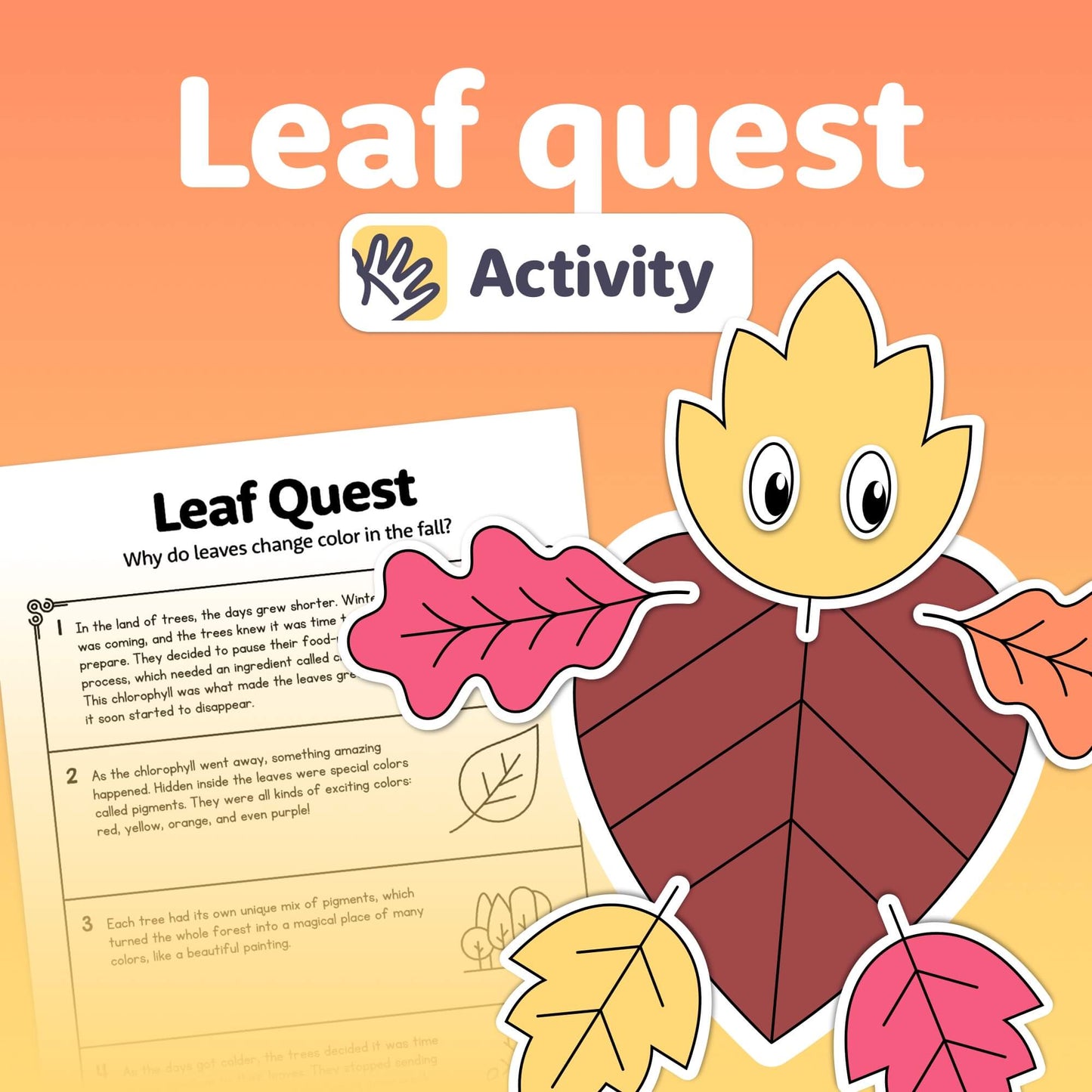Activity sheet titled 'Autumn Leaf Quest Activity' with a smiling leaf character.