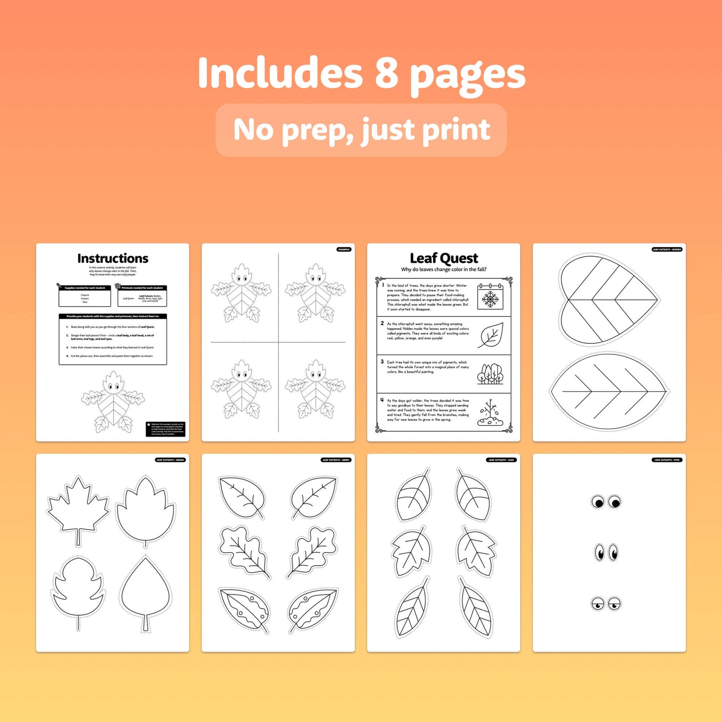 Eight-page printable set with instructions and various leaf outlines.