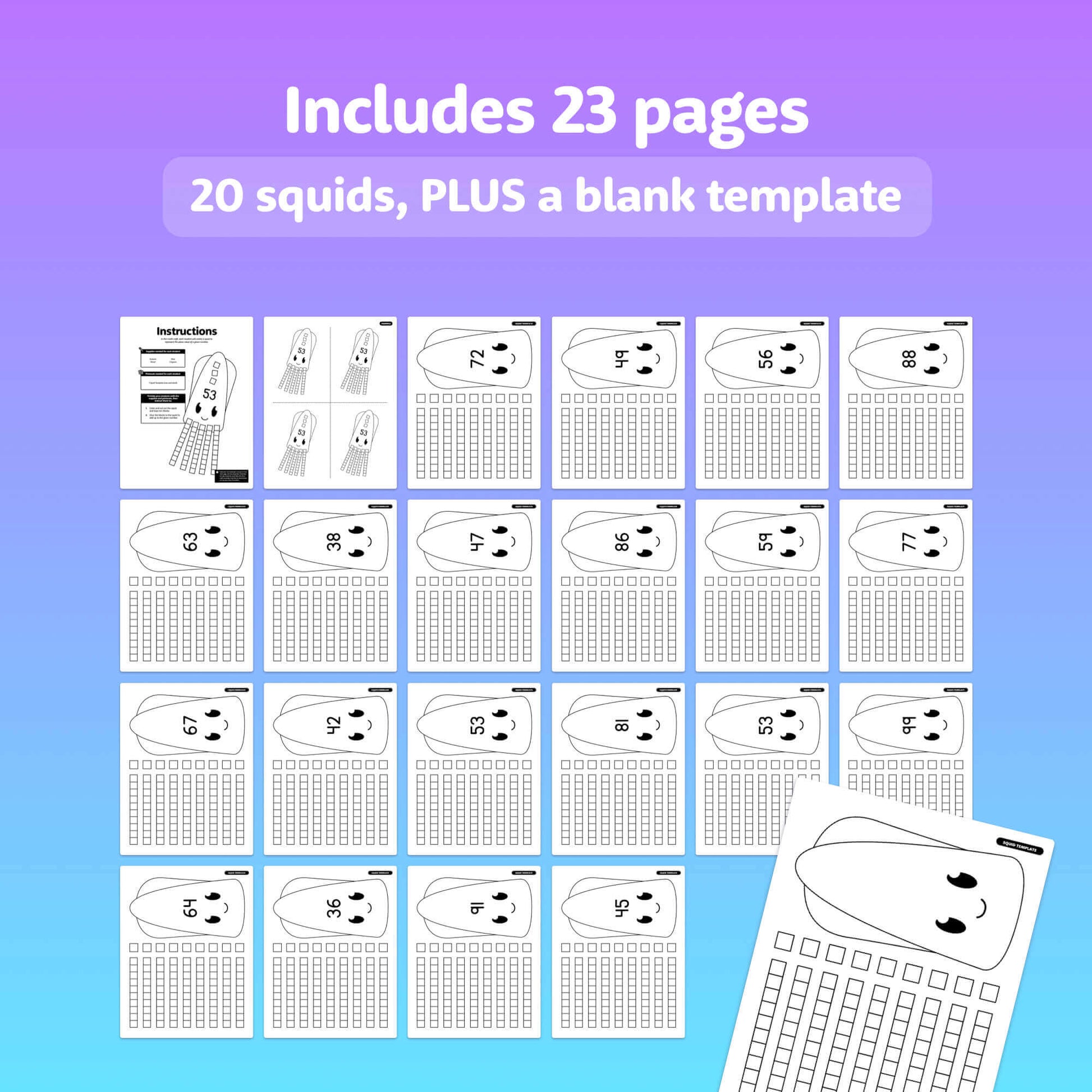 Squid-themed templates and instructions for place value craft.