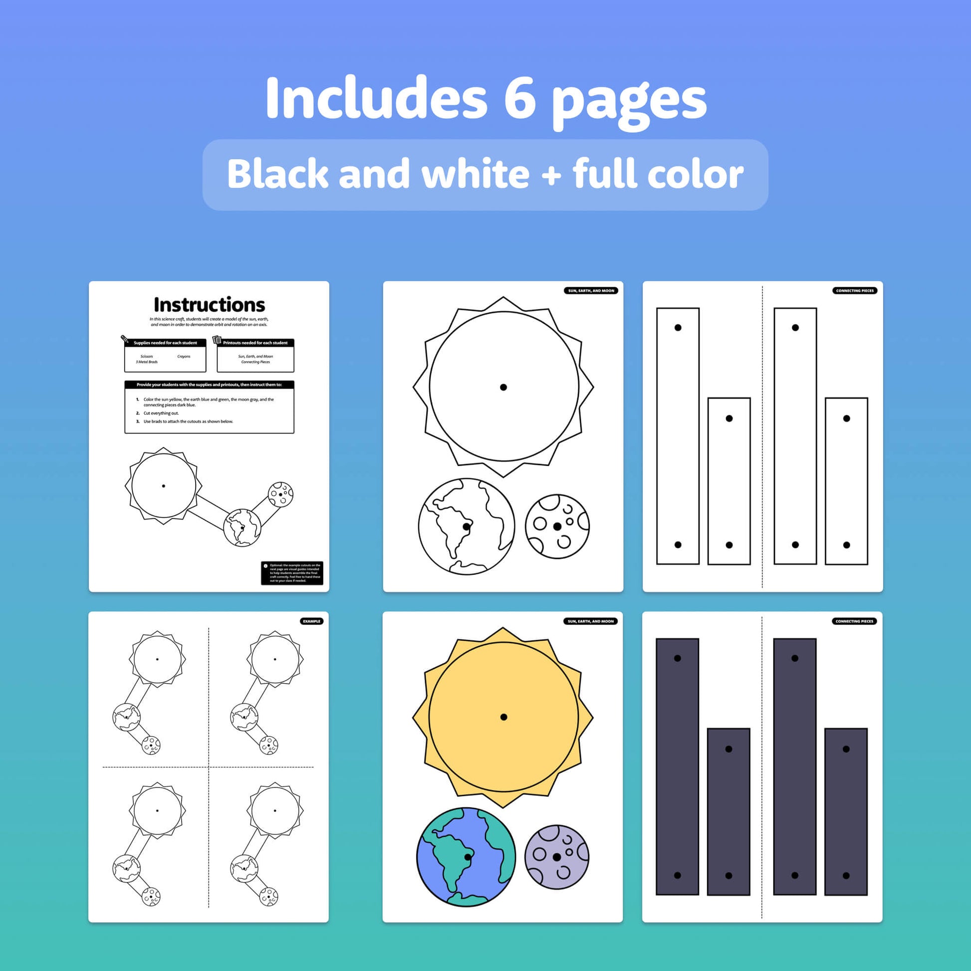 Worksheets with Earth, Moon, and Sun in color and black-and-white.