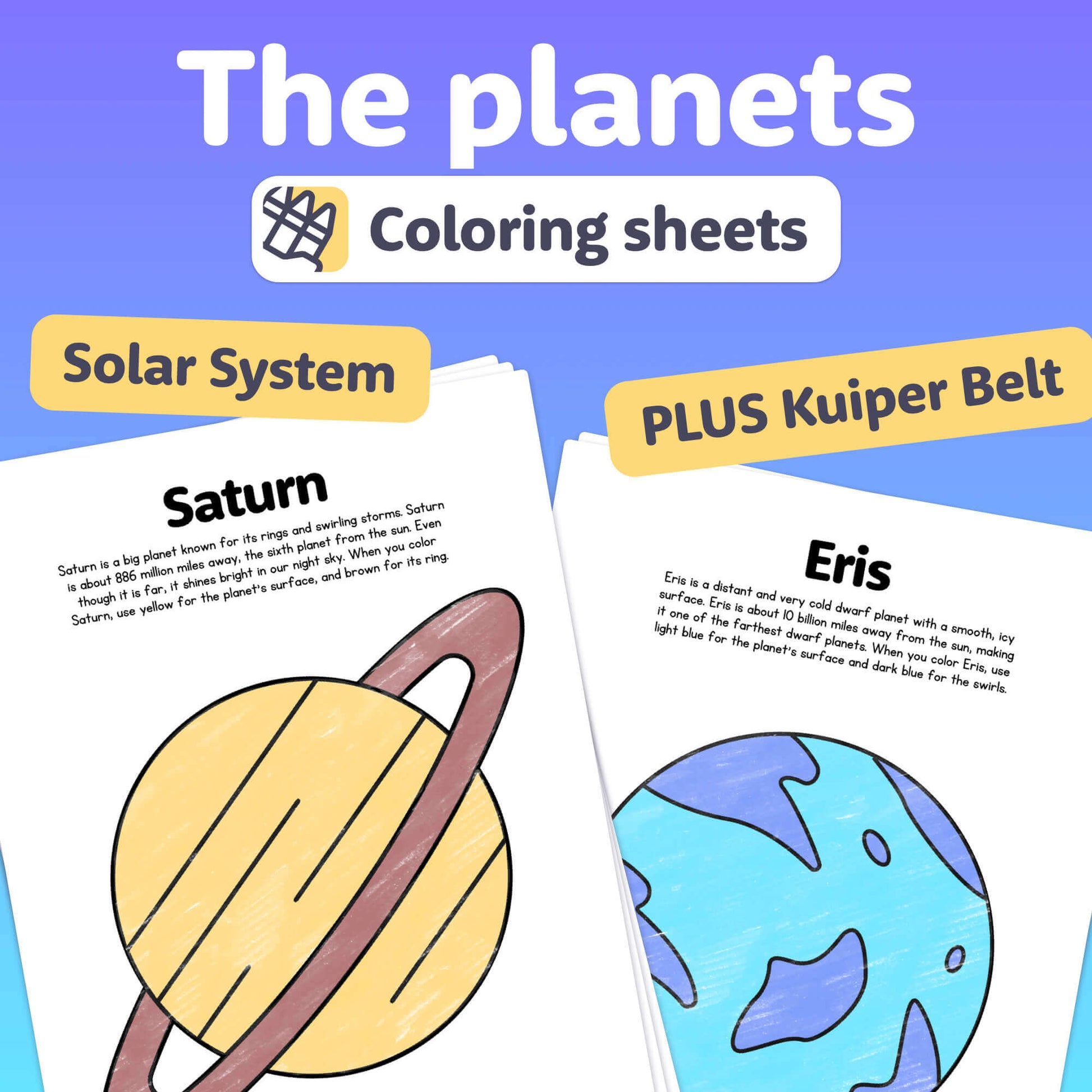 Coloring sheets with illustrations and descriptions of Saturn and Eris.