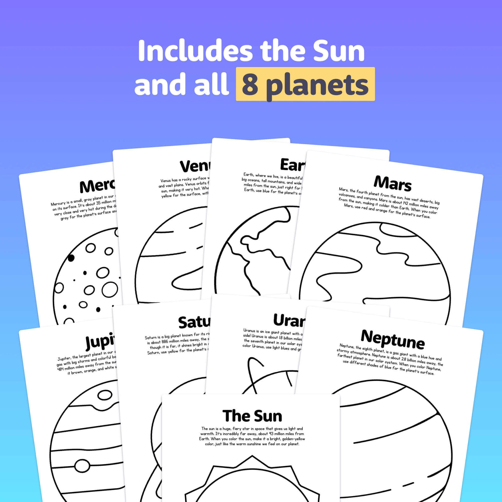 Illustrations of the Sun and all eight planets.