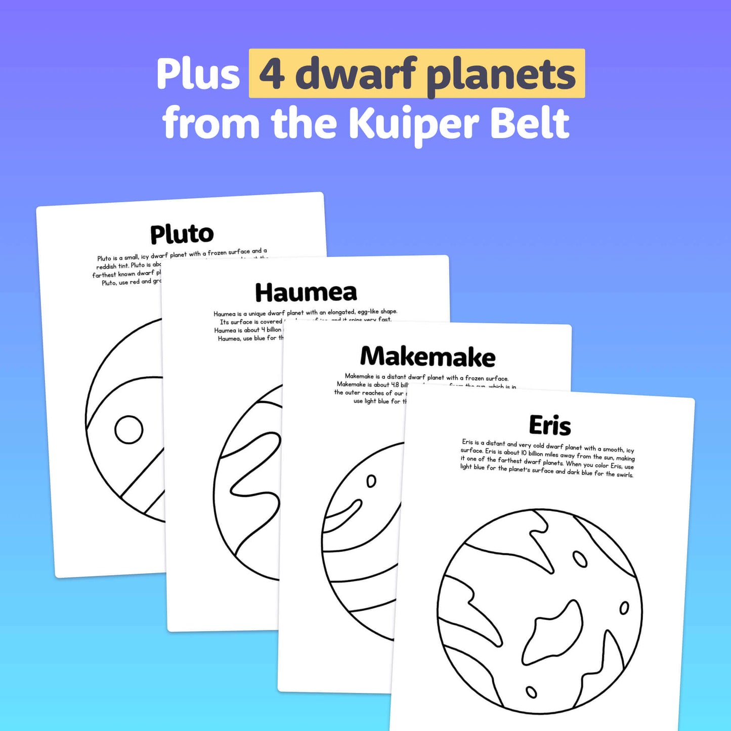 Illustration of Pluto, Haumea, Makemake, and Eris.