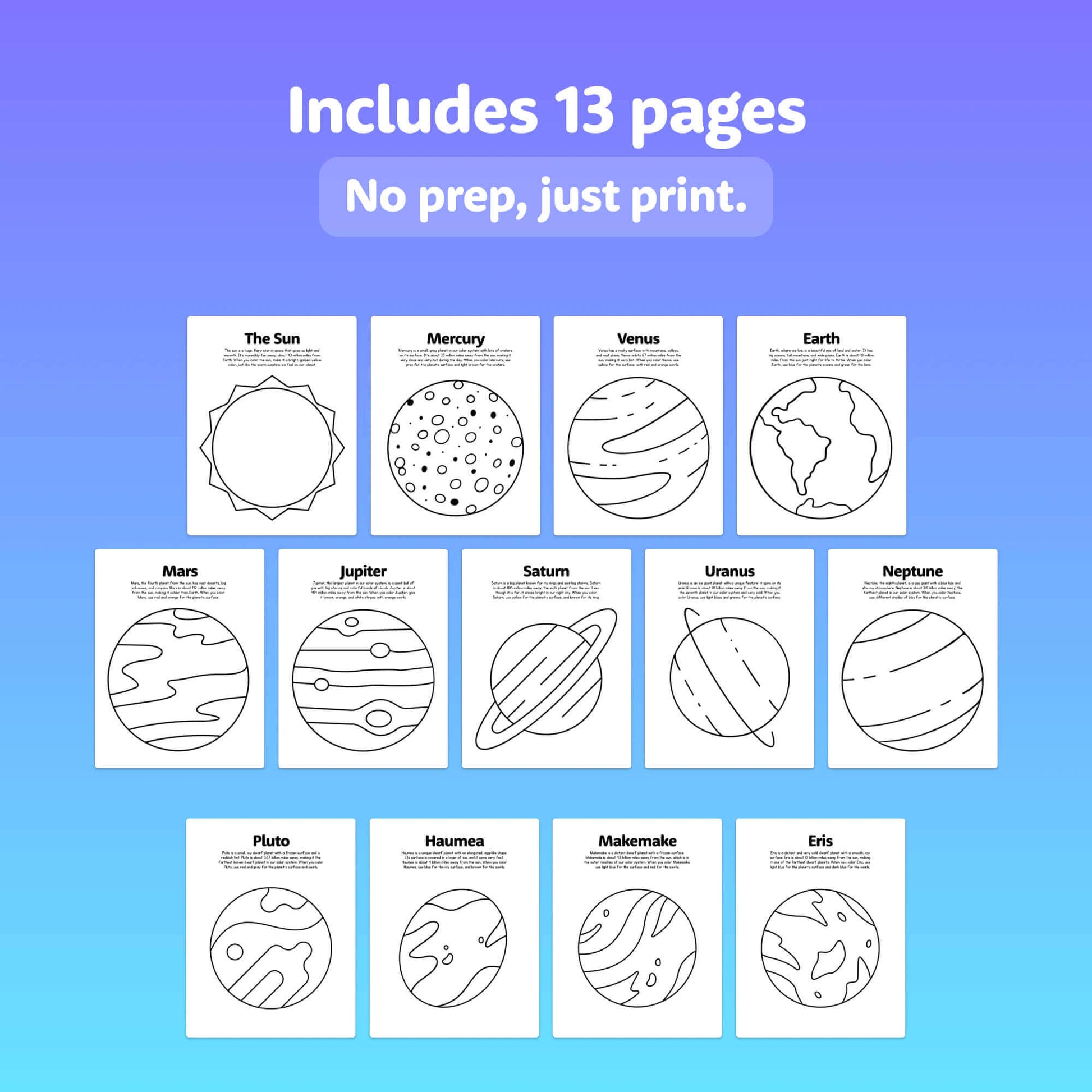 Thirteen-page solar system planets coloring sheets.