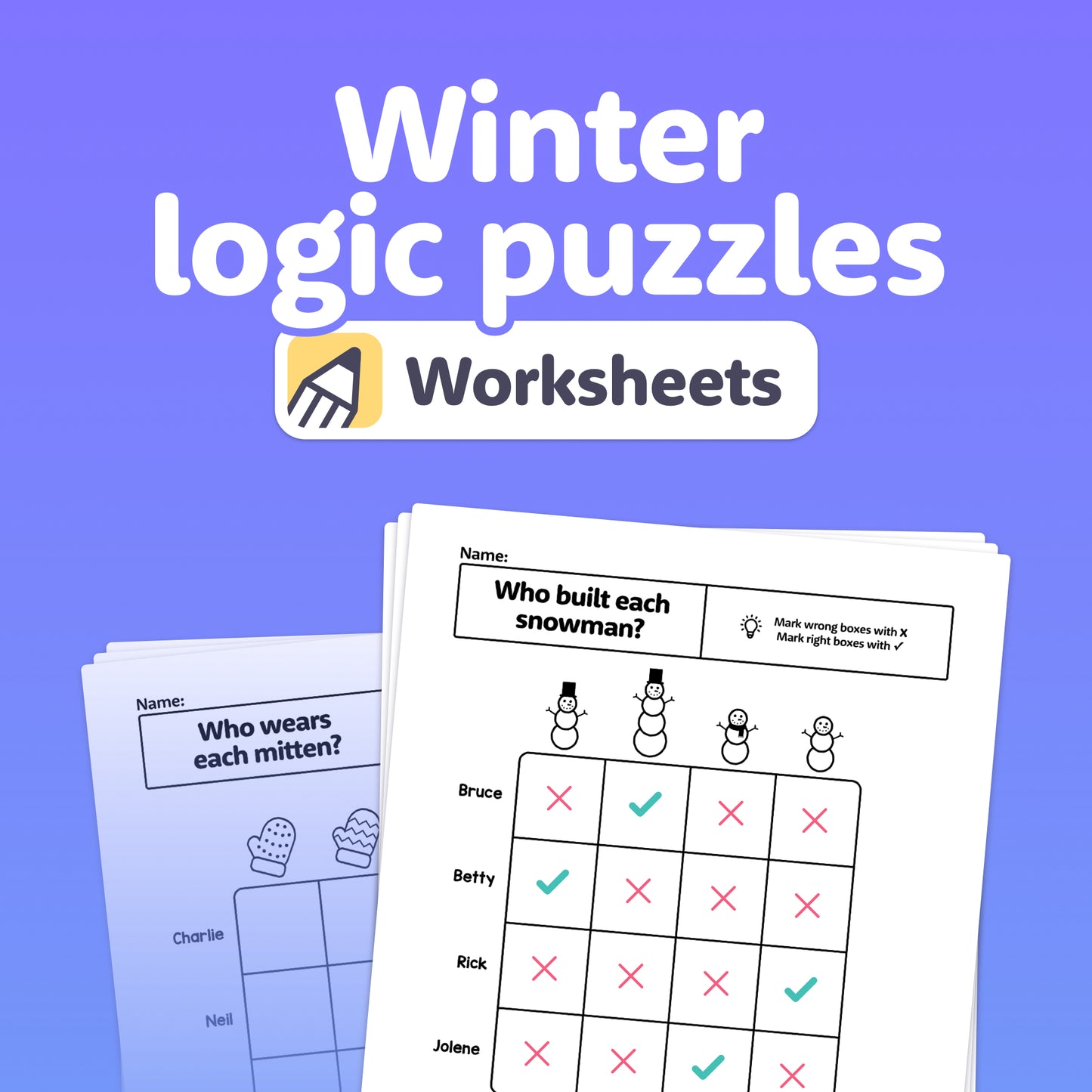 Several winter-themed logic puzzle worksheets stacked together.