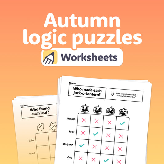 Worksheets with autumn-themed logic puzzles stacked in a neat, overlapping pile.