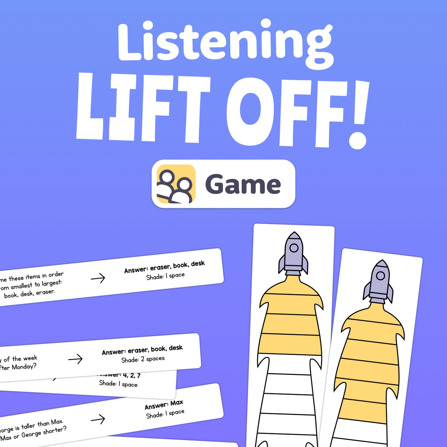 Rockets and question cards arranged for an educational printable activity.