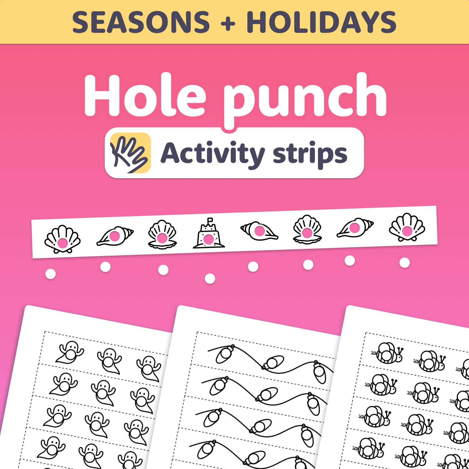 Printable strips showing seashell and ocean motifs with hole punch guides.